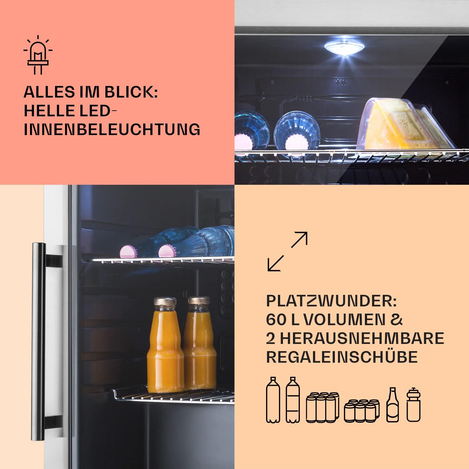 Klarstein Mini Kühlschrank mit Glastür für Zimmer, Getrnkekühlschrank mit Verstellbaren Ablagen, Kleiner 80 Liter, Indoor/Outdoor Kühlschrank Leise