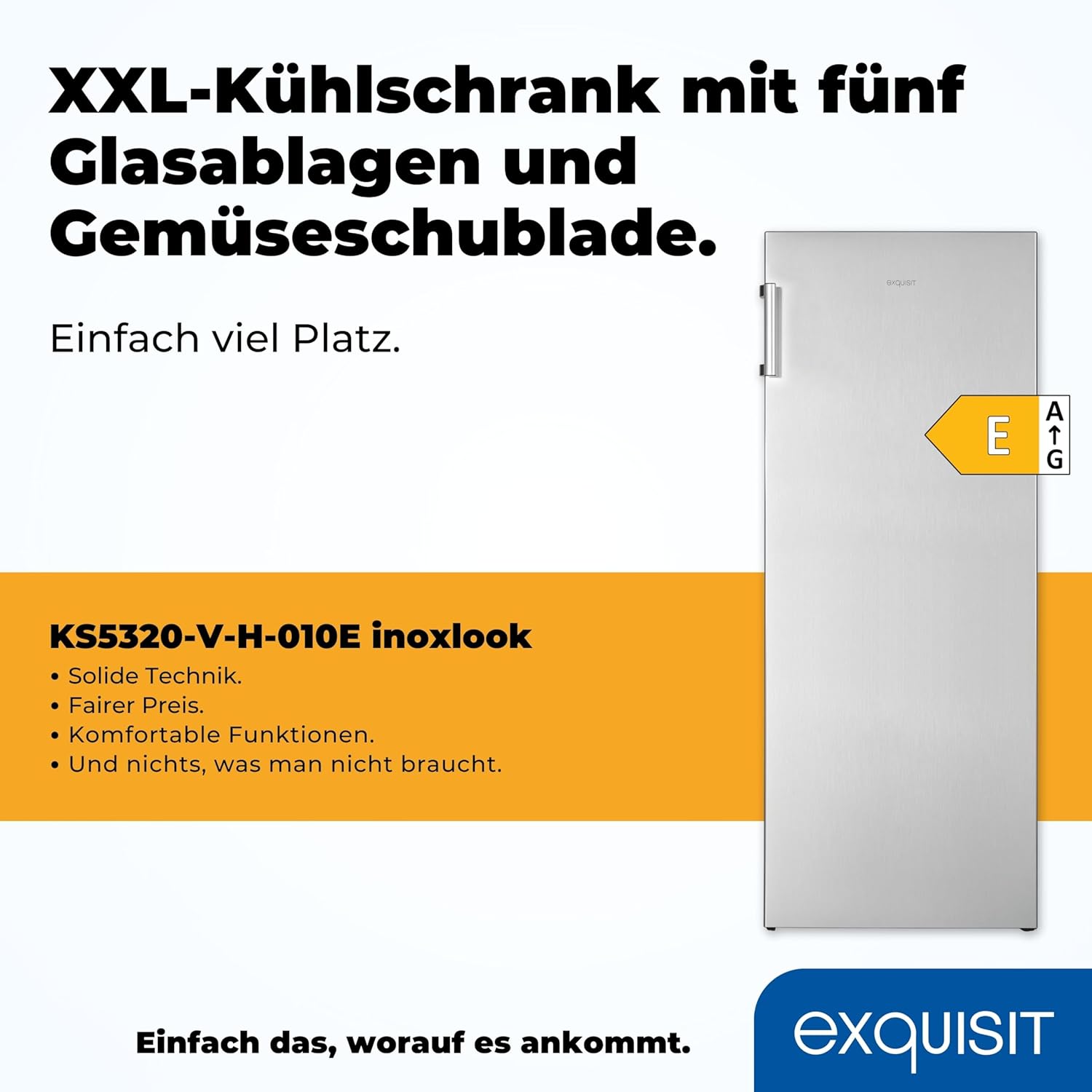 Exquisit Kühlschrank ohne Gefrierfach, Großer Kühlschrank, 5 Ablagen, 242 Liter, Vollraumkühlschrank 143 cm hoch, KS5320-V-H-040E weiss