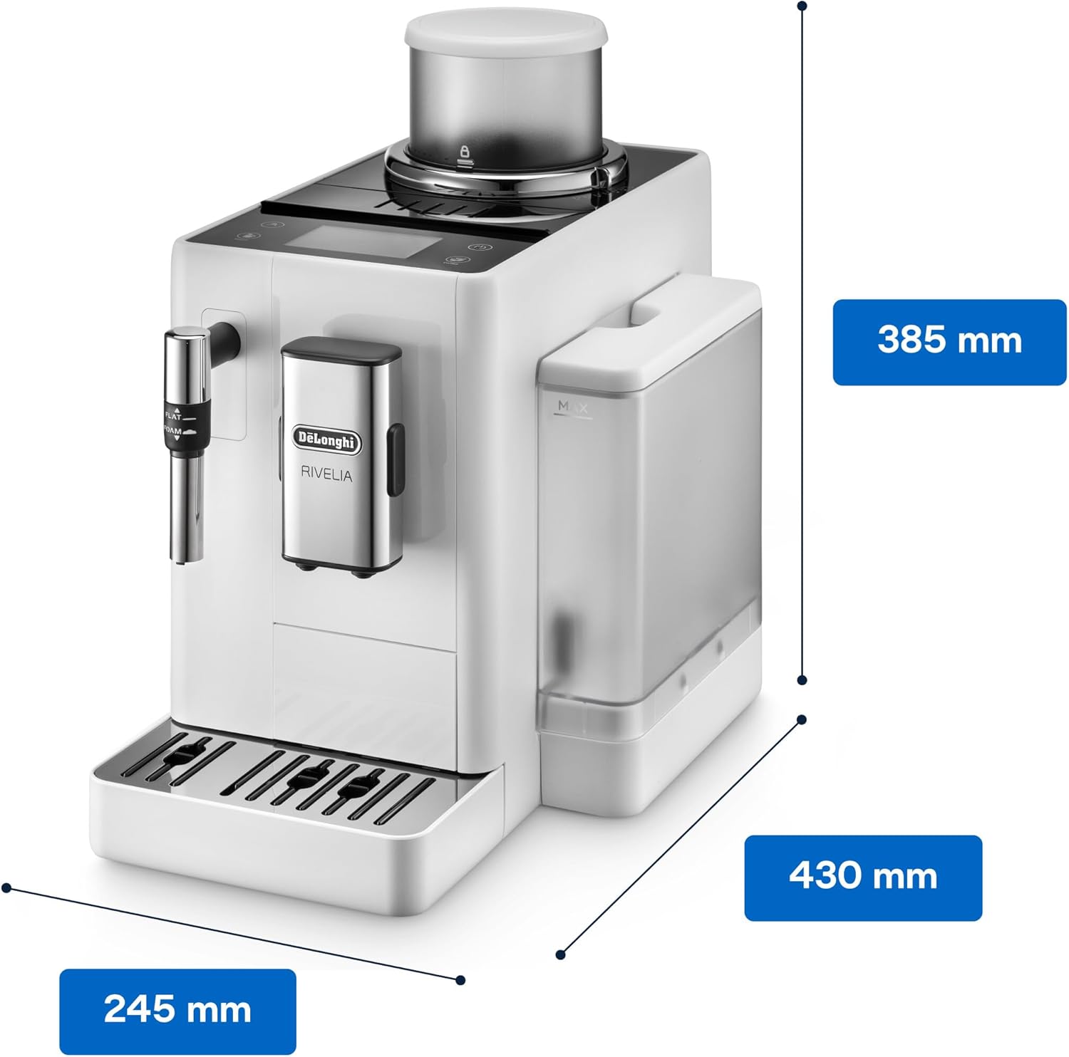 De'Longhi Rivelia EXAM440.55.W Kaffeevollautomat mit LatteCrema Milchsystem, Wechselbarer Bohnenbehälter, 16 Kaffee- & Milchgetränke auf Knopfdruck, Extra-Shot-Funktion, 3,5 Touch-Display, Weiß