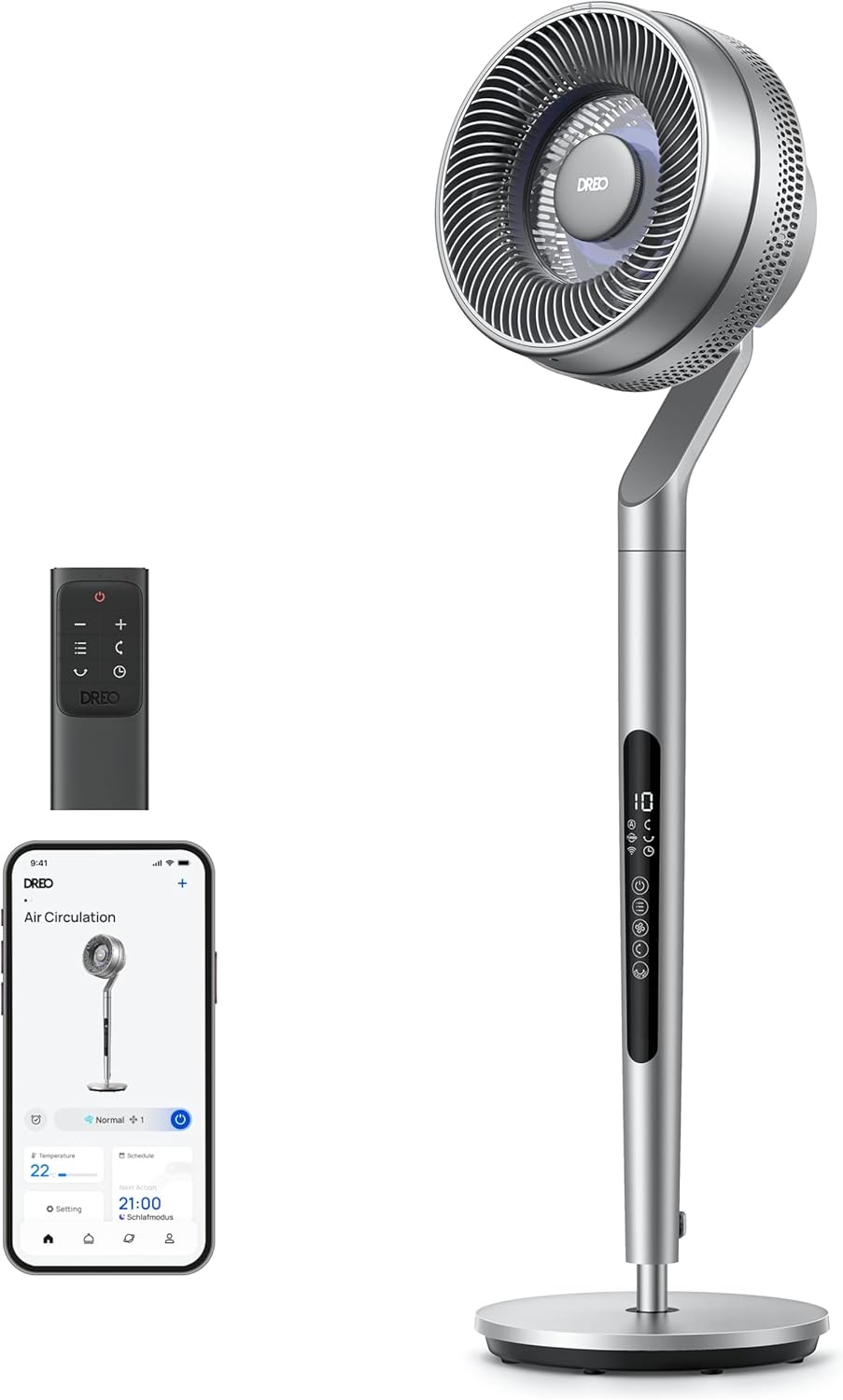 Dreo Standventilator mit intelligenter Steuerung, 101,6–111,8 cm höhenverstellbar, DC leiser Ventilator für Schlafzimmer, 120°+85° omnidirektionaler oszillierender Ventilator, 30,5 m Luftstrom, 10