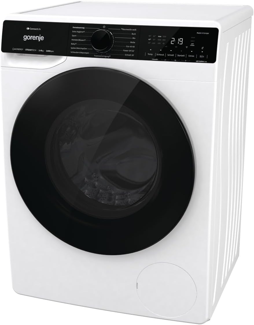 Gorenje WPNA 84 SATSWIFI Waschmaschine mit Dampffunktion / 8 kg / 1400 U/Slim Line/ConnectLife WiFi/Total AuaStop/Inverter PowerDrive Motor/Edelstahltrommel/Kindersicherung/EEK A