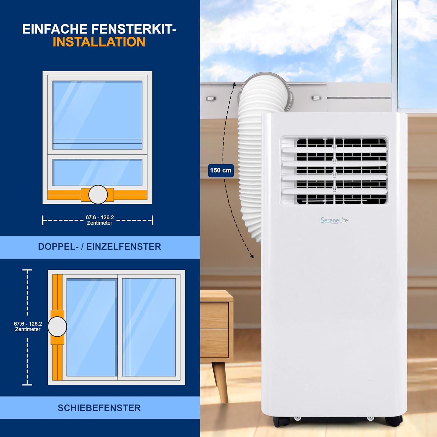 SereneLife 3-in-1 Mobile Klimaanlage mit Abluftschlauch – Klimagerät als Luftkühler, Ventilator & Luftentfeuchter– Mini Klimaanlage für Räume bis zu 28 m2 – Luftkühler für Zuhause & Büro 10,000 BTU