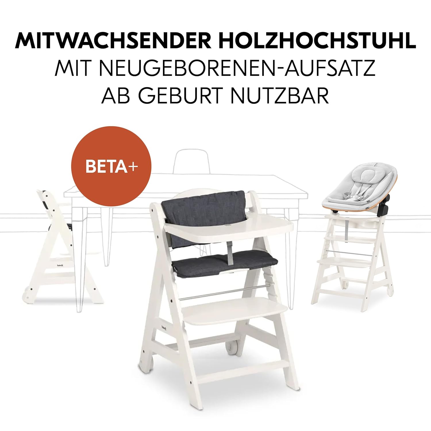 hauck Hochstuhl Beta+ Newborn Set Eco Bouncer - mitwachsender Holz Babyhochstuhl ab Geburt, inkl. Neugeborenenaufsatz, Sitzpolster und Essbrett - Dark Grey