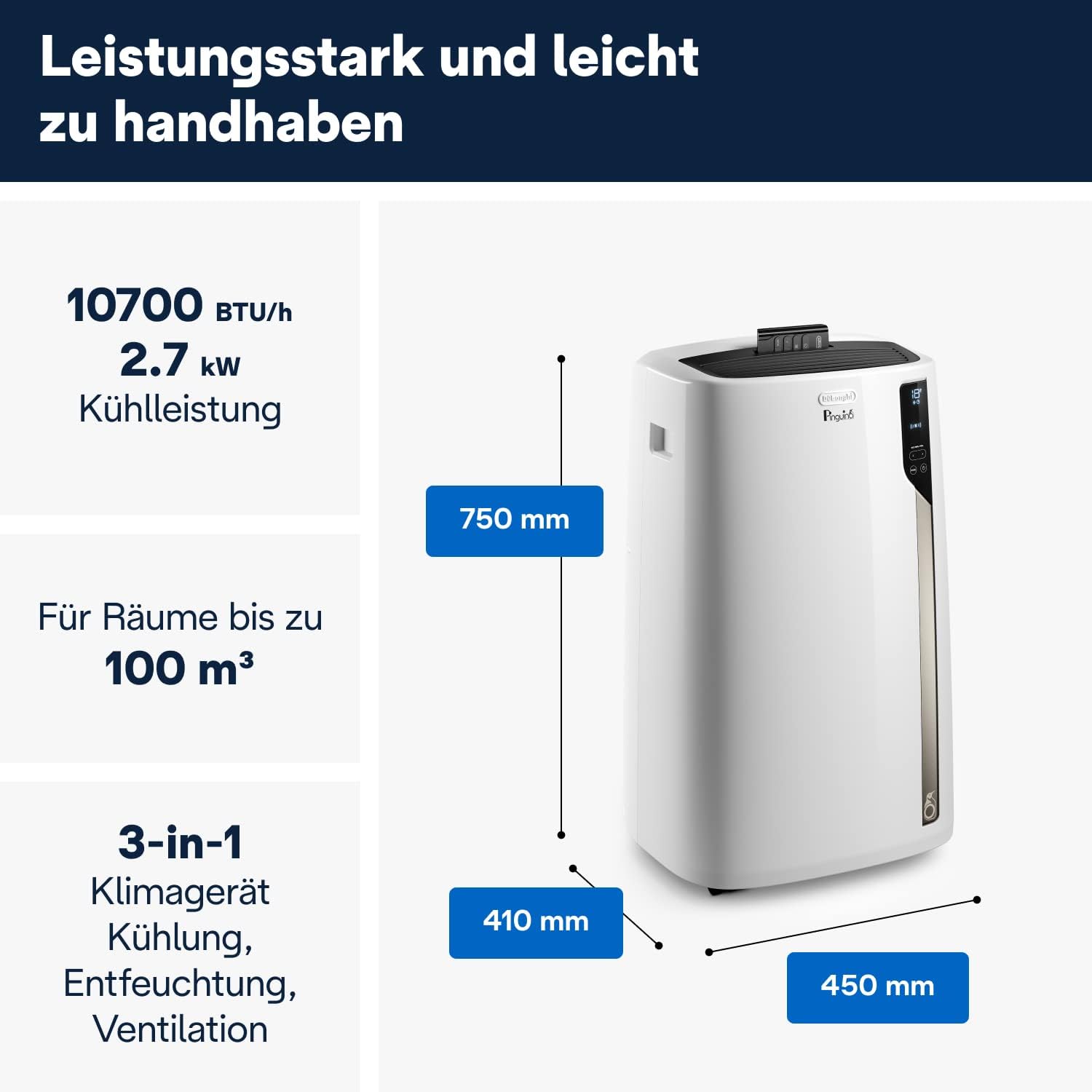De'Longhi Pinguino PAC EM82, Mobile Klimaanlage für Räume bis zu 80 m³, 9.400 BTU, 2,4 kW, 63 dB, Entfeuchtungsfunktion, Energieklasse A, 24h-Timer, Weiß