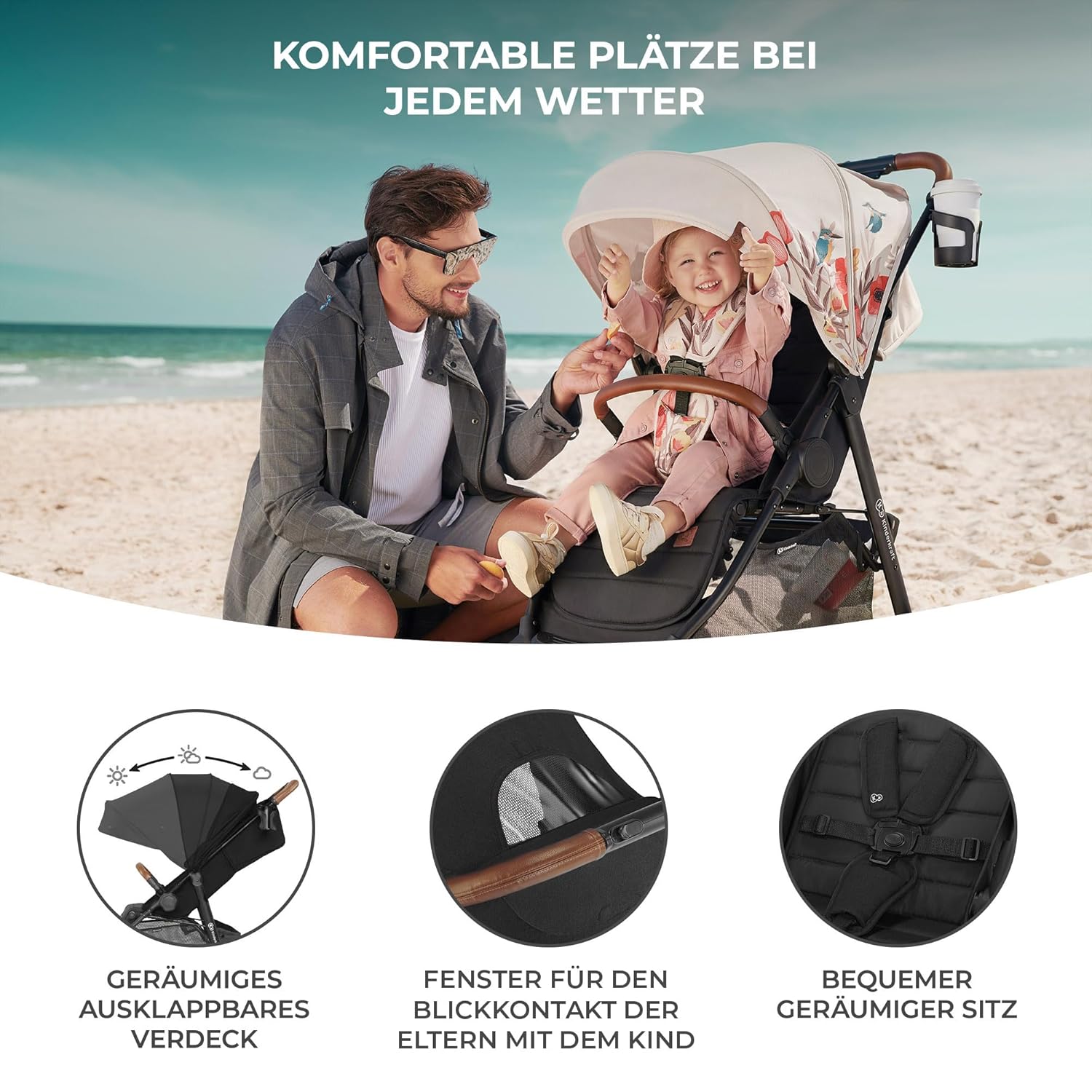 Kinderkraft GRANDE PLUS Kinderkraft buggy von Geburt bis 22 kg, Zusammenklappen mit einer Hand, Liegeposition, großes Verdeck mit Fenster, alle 4 Räder gedämpft, geräumige Sitz, Grau