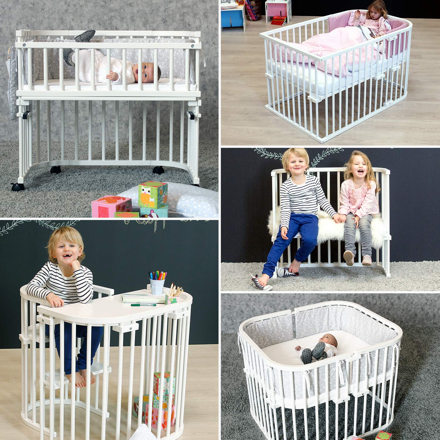 babybay Original Beistellbett aus massivem Buchenholz / kompakt & verwandelbar / Kinderbett Höhe stufenlos verstellbar & umweltfreundlich / mitwachsendes Babybett (weiß lackiert) / inkl. Matratze