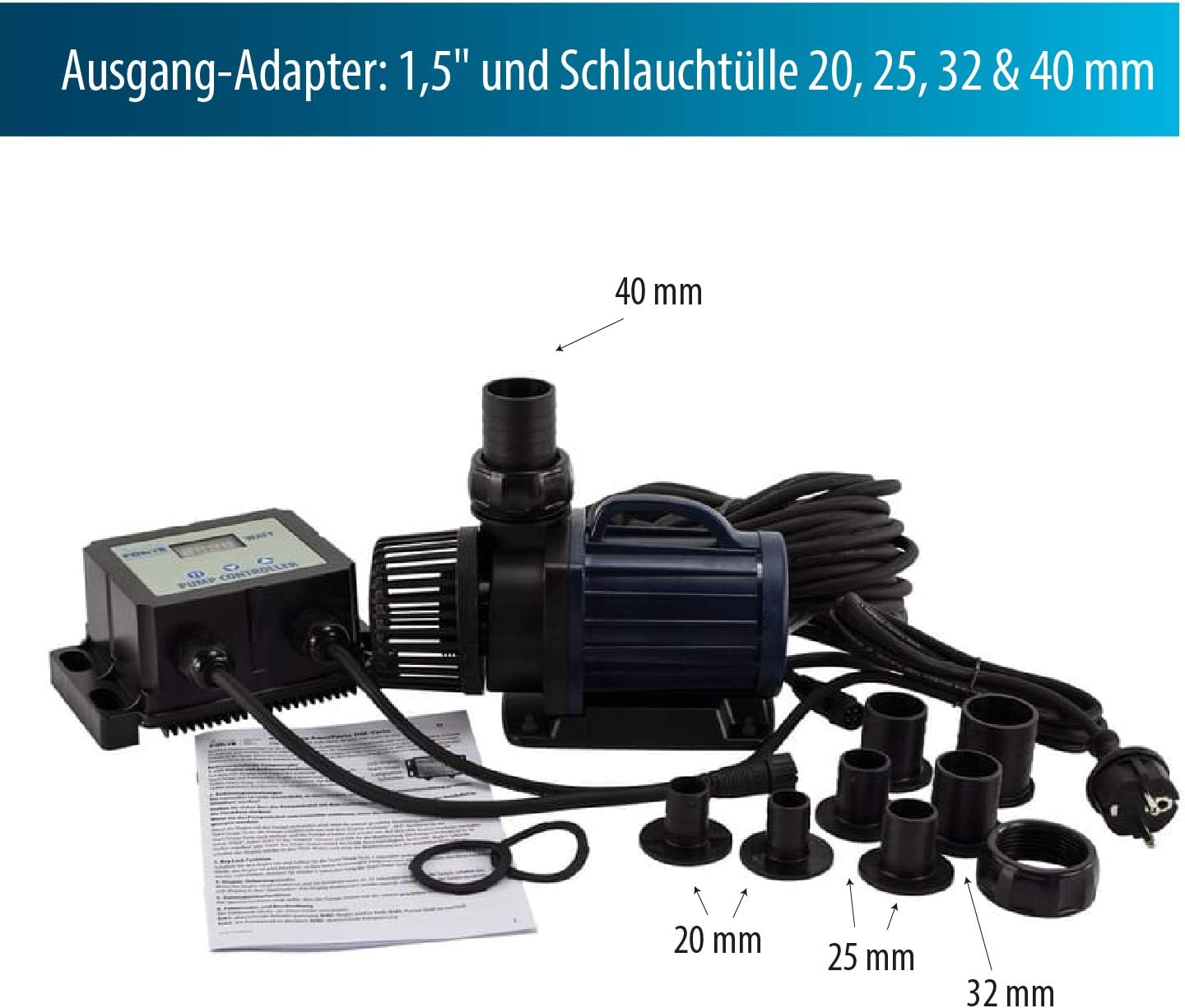 AquaForte Filter-/Teichpumpe DM-22.000 Vario S, 70-200W, Förderhöhe 7,5m, regelbar mit externem Controller. Ideal als Teichpumpe oder als Bachlauf- /Wasserfallpumpe.