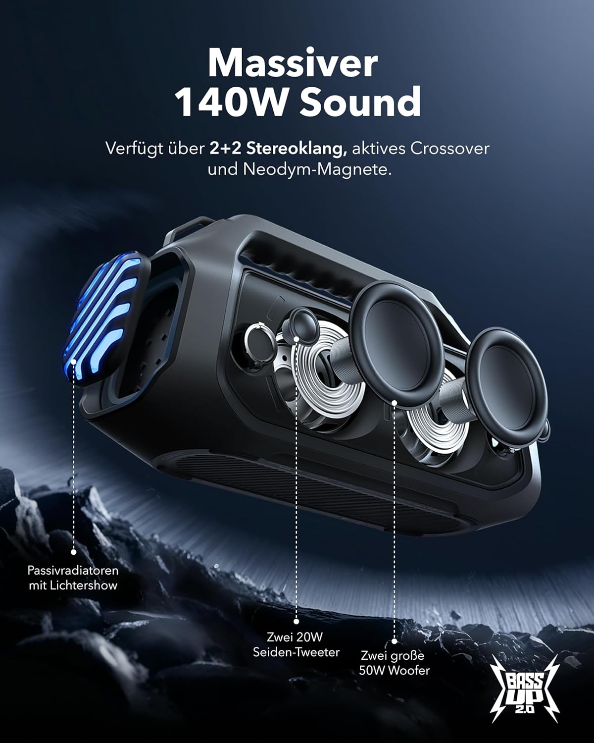 soundcore Boom 2 Plus Outdoor Lautsprecher, 140W, 2+2 Channel, BassUp 2.0, 20h, Schnellladung, IPX7 wasserdicht, RGB Lichter, USB-C, Power Bank, BT 5.3, tragbarer Bluetooth Lautsprecher, Camping