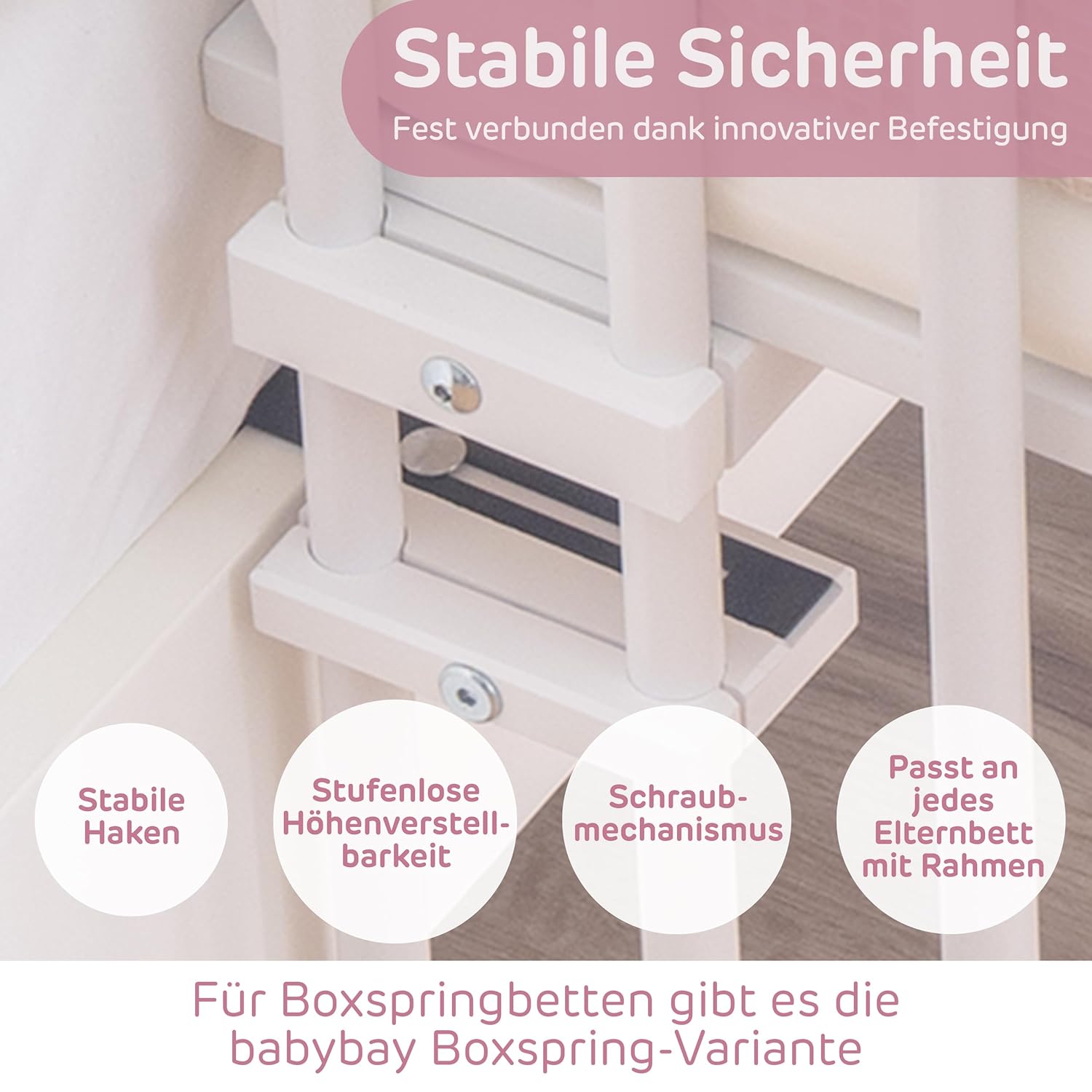 babybay Original Beistellbett aus massivem Buchenholz / kompakt & verwandelbar / Kinderbett Höhe stufenlos verstellbar & umweltfreundlich / mitwachsendes Babybett (weiß lackiert) / inkl. Matratze