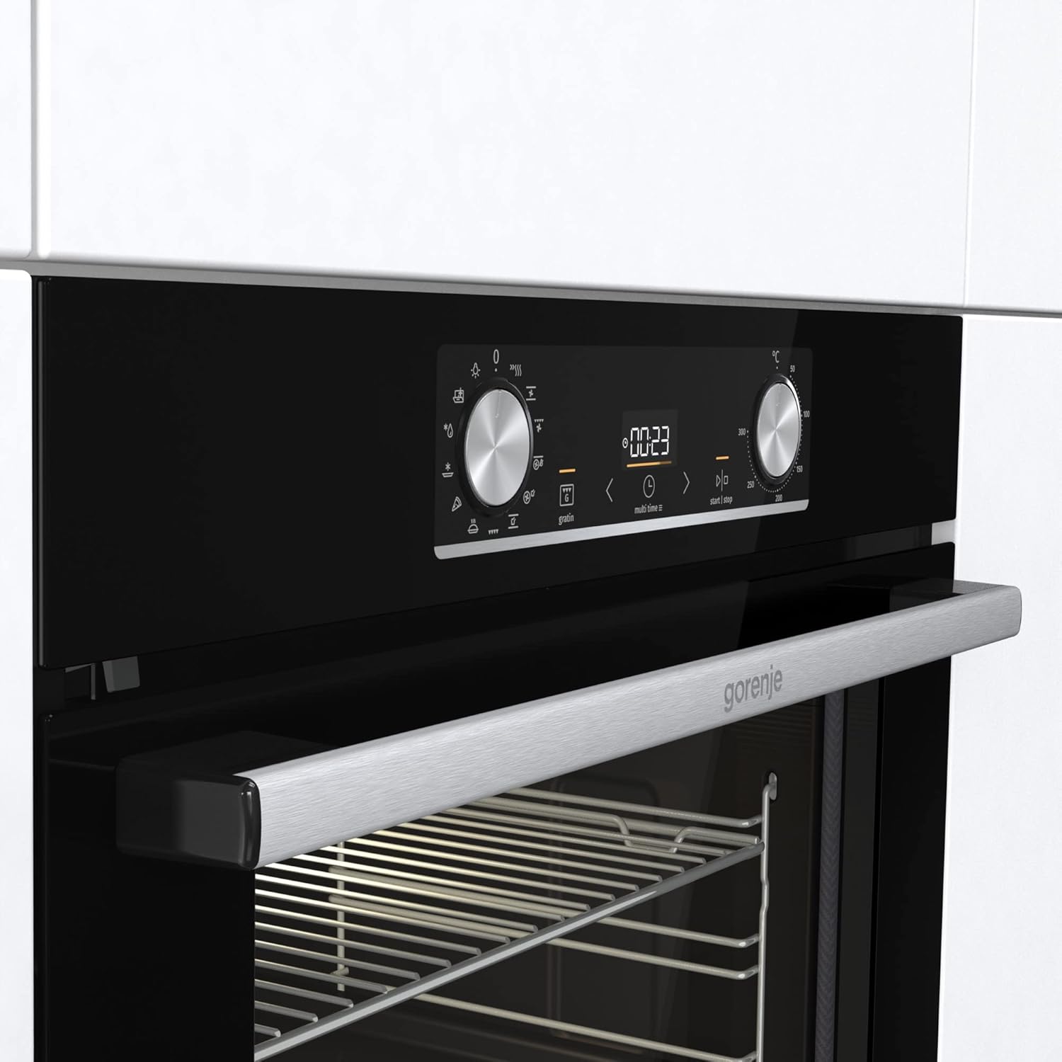 Gorenje 738971 Einbaubackofen-Set OptiBake Black Steam Pyro Set / 77L / Heißluft/Pyrolyse/ExtraSteam/GentleClose/AirFry/Pizzamode 300°C/PerfectGrill/Induktions-Kochfeld mit BridgeZone/schwarz