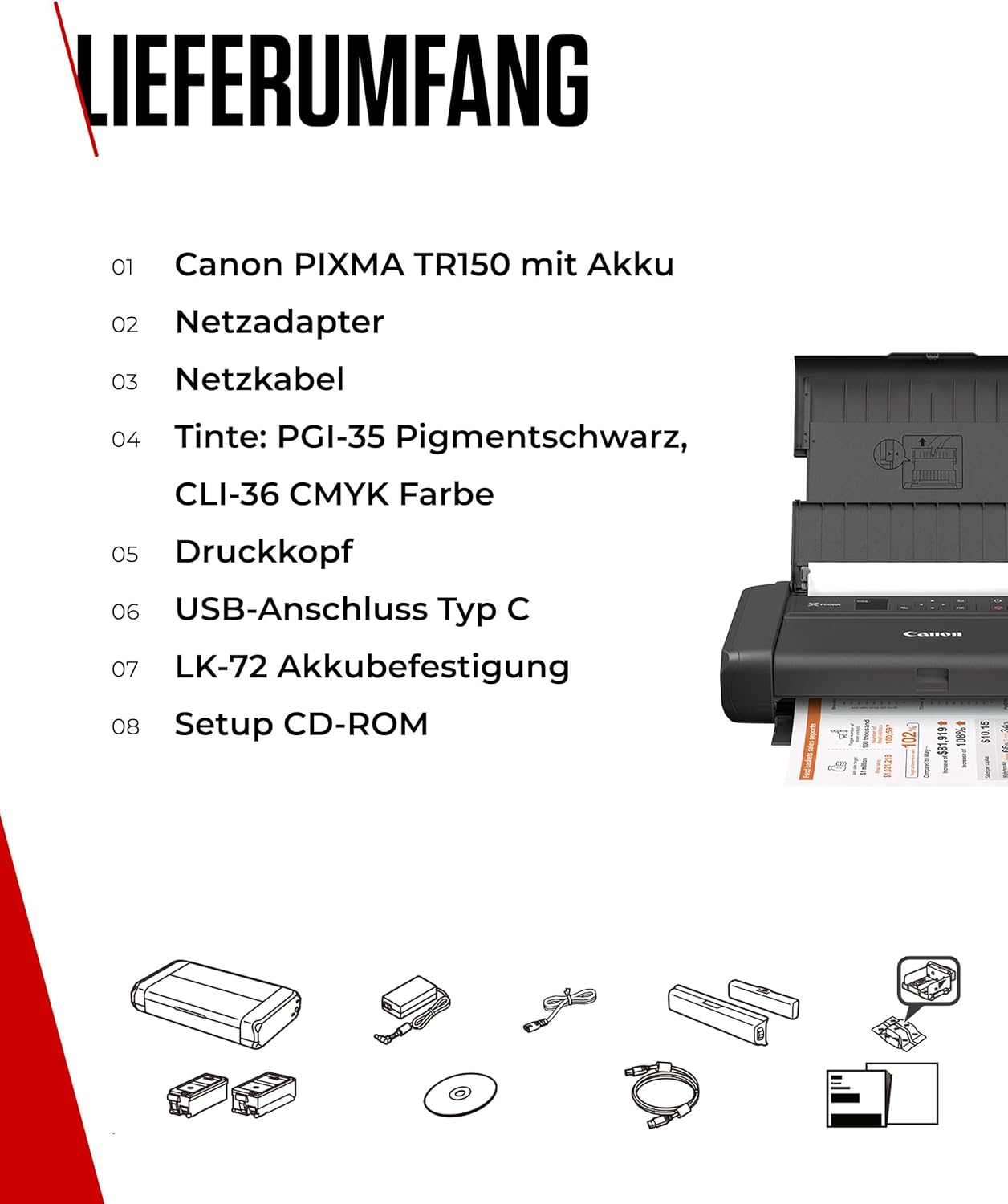 Canon PIXMA TR150 mobiler Drucker mit Akku (WLAN, Cloud, AirPrint, 4.800 DPI x 1.200 DPI, Highspeed USB Typ C, OLED-Display, Tintenstrahldrucker), schwarz