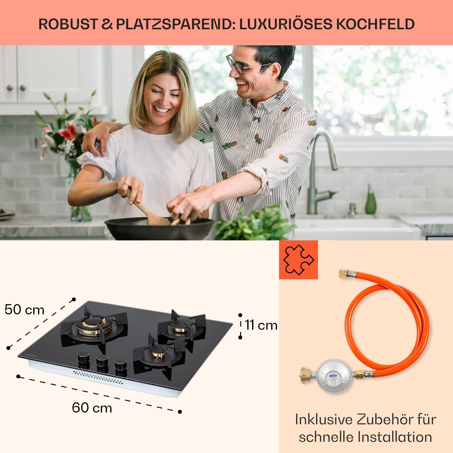 Klarstein Gasherd, Gaskochfeld 4 Flammig, Einbau-Gaskocher für Zuhause & Wohnmobil, Campingkocher mit Glasplatte, Gasherd für Propan- und Erdgas, Edelstahl Gas-Herdplatte Wok Brenner 8000 Watt
