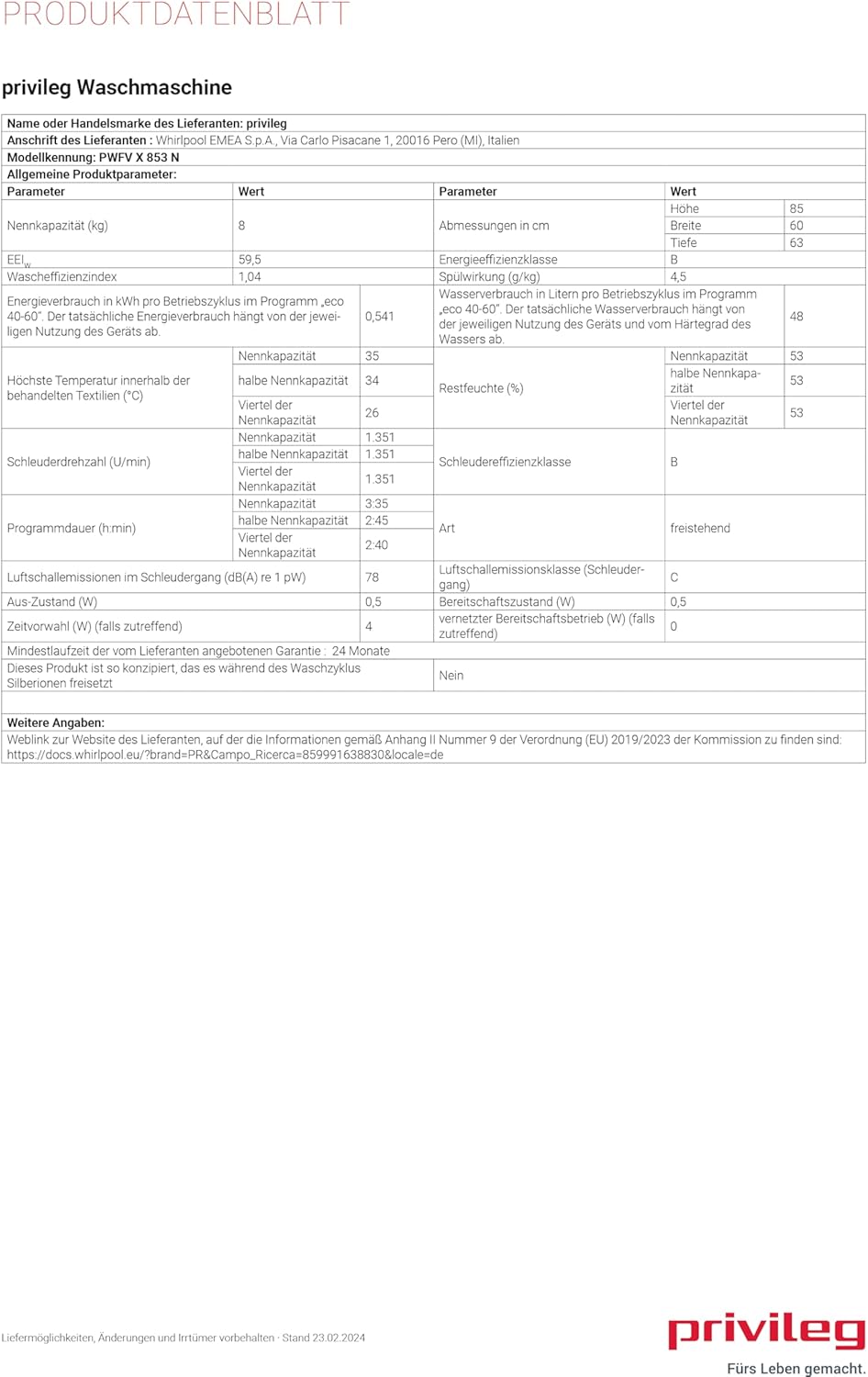 Privileg PWFV X 853 N Waschmaschine Frontlader/1400 U/min/8 kg/EEK B/Push & Go Steam/Dampf-Programme/Schnell 45min Volle Ladung/Schnell-Programme(20/45/60 Min.)/Inverter-Motor/Mehrfachwasserschutz