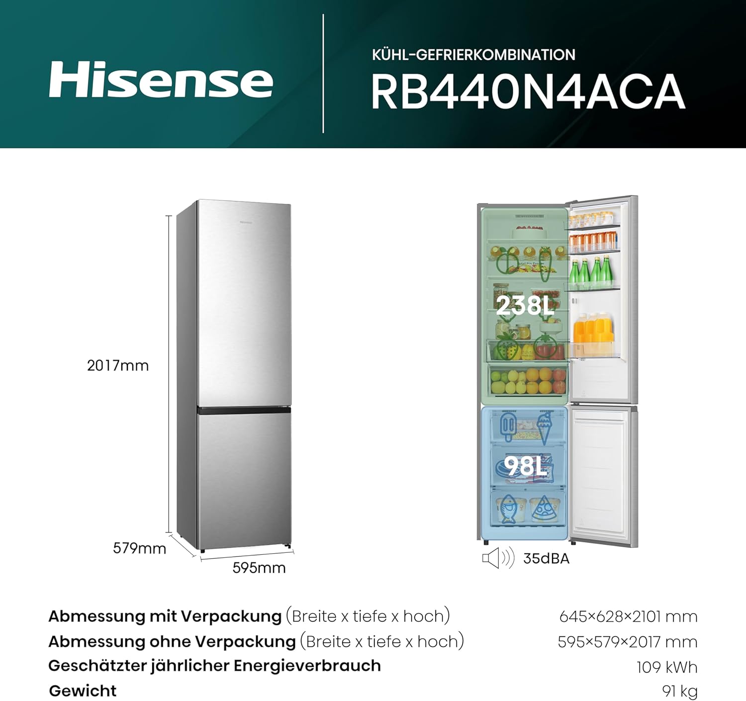 Hisense RB327N4AD2 Kühl-Gefrierkombination/ NoFrostPlus/ Multiflow 360°/ HolidayMode/ FreshZone/ 182,4 cm/ Kühlteil 171 l/ Gefrierteil 85 l/ 41 dB/ 287 kWh/ Jahr/ Edelstahl-Look