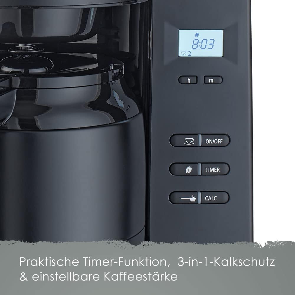 Melitta AromaFresh - Filterkaffeemaschine - mit Glaskanne - integriertes Mahlwerk - Timer Funktion - 10 Tassen - Pure Black