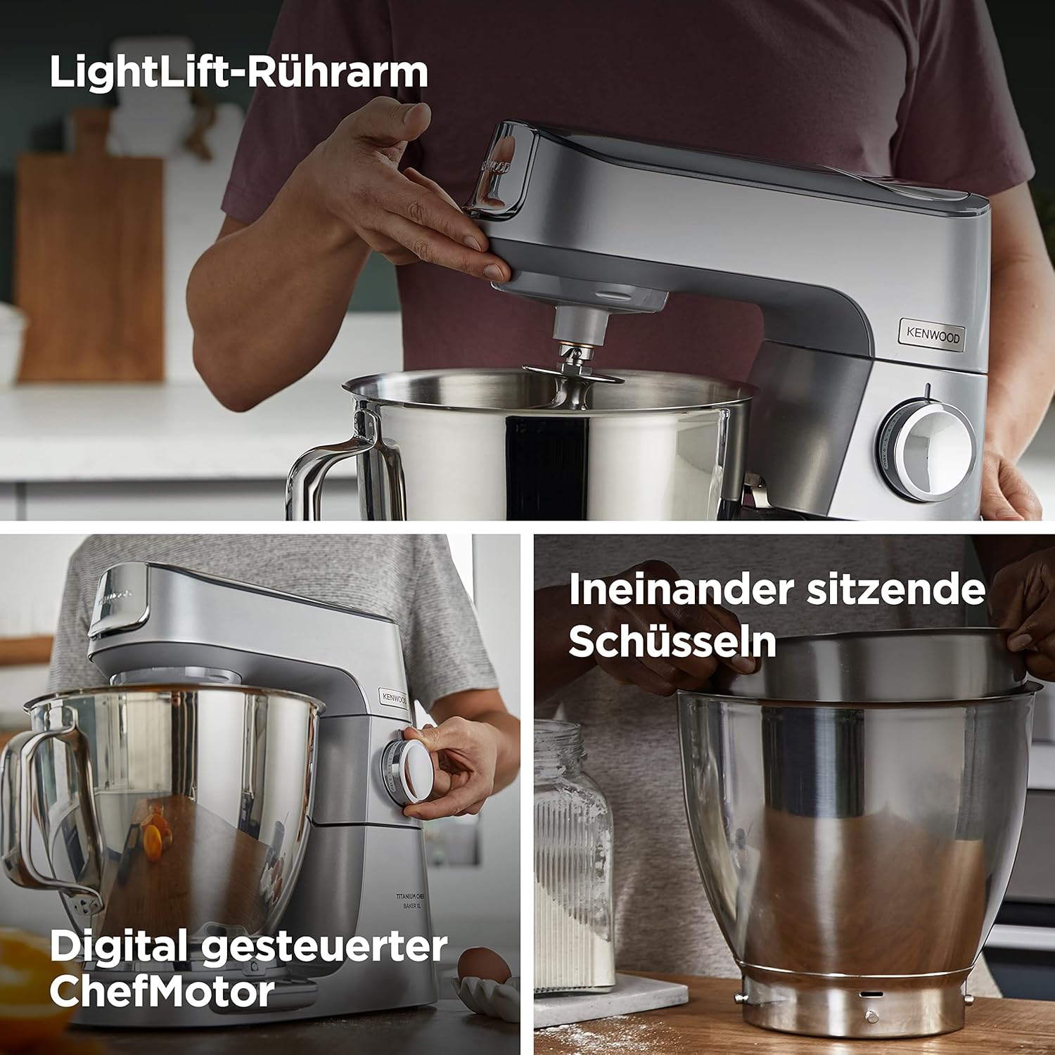 Kenwood Titanium Chef Baker KVL85.424SI Küchenmaschine mit integrierter Waage, inkl. 4-teiligem Patisserie-Set, 7 L und 5L Rührschüssel, stufenloser Geschwindigkeitsregler, 1200 W, Silber