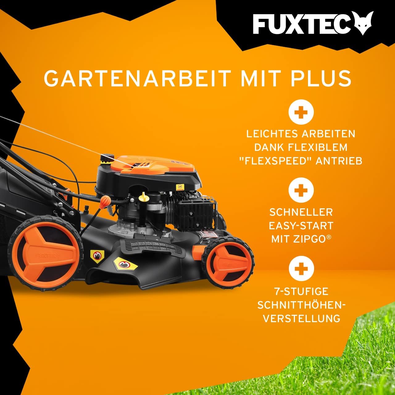 FUXTEC 4in1 Benzin Rasenmäher FX-RM5196eSPRO mit E-Start und regulierbarem Selbstantrieb, Gartenmäher inkl. Frontstoßstange, 51 cm Schnittbreite, kugelgelagerte Big Wheel Räder, 60L Grasfangkorb