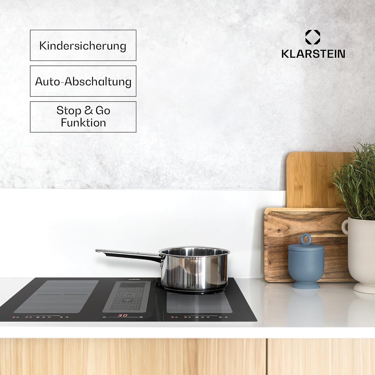 Klarstein 2-in-1 Induktionskochfeld mit Dunstabzug, Induktionskochfeld mit Abluft & Ventilator, 4-Zonen-Kochfeld, Glaskeramik-Einbauherd, Kochfeld mit Dunstabzug, Energieklasse A, 654m³/h Luftstrom