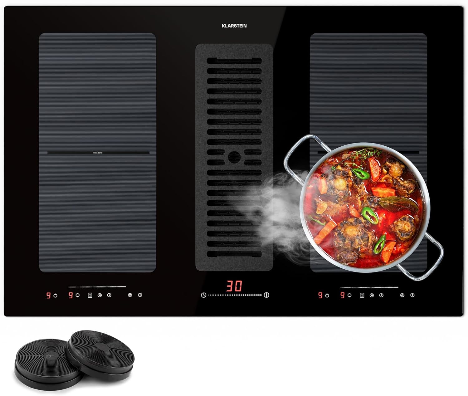 Klarstein 2-in-1 Induktionskochfeld mit Dunstabzug, Induktionskochfeld mit Abluft & Ventilator, 4-Zonen-Kochfeld, Glaskeramik-Einbauherd, Kochfeld mit Dunstabzug, Energieklasse A, 654m³/h Luftstrom