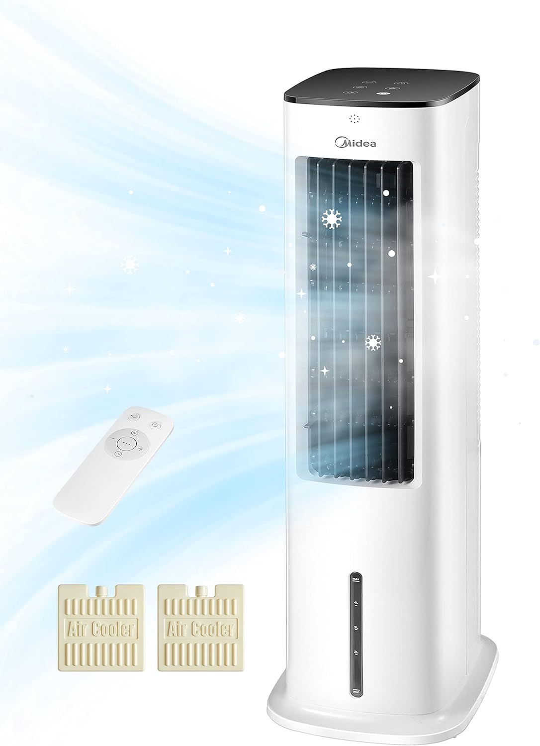 Midea Luftkühler mit Wasserkühlung, Klimaanlage Mobil, Ventilator mit 5L Wasserkühlung, Luftbefeuchter und Ionisation, Klimaanlage Ohne Abluftschlauch, 355m³/h, Ventilator mit Fernbedienung,55W,Weiß