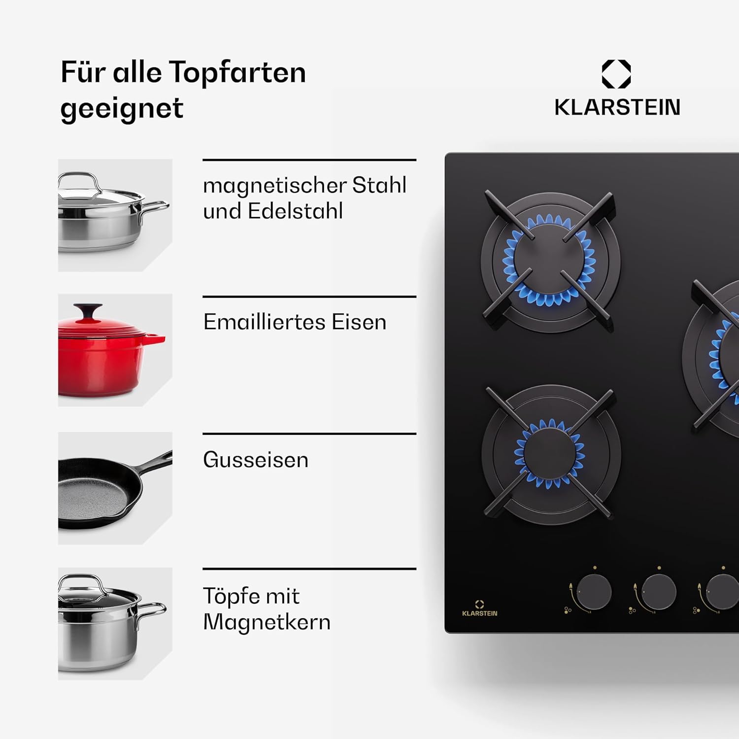 Klarstein Gasherd, Gaskochfeld 4 Flammig, Einbau-Gaskocher für Zuhause & Wohnmobil, Campingkocher mit Glasplatte, Gasherd für Propan- und Erdgas, Edelstahl Gas-Herdplatte Wok Brenner 8000 Watt