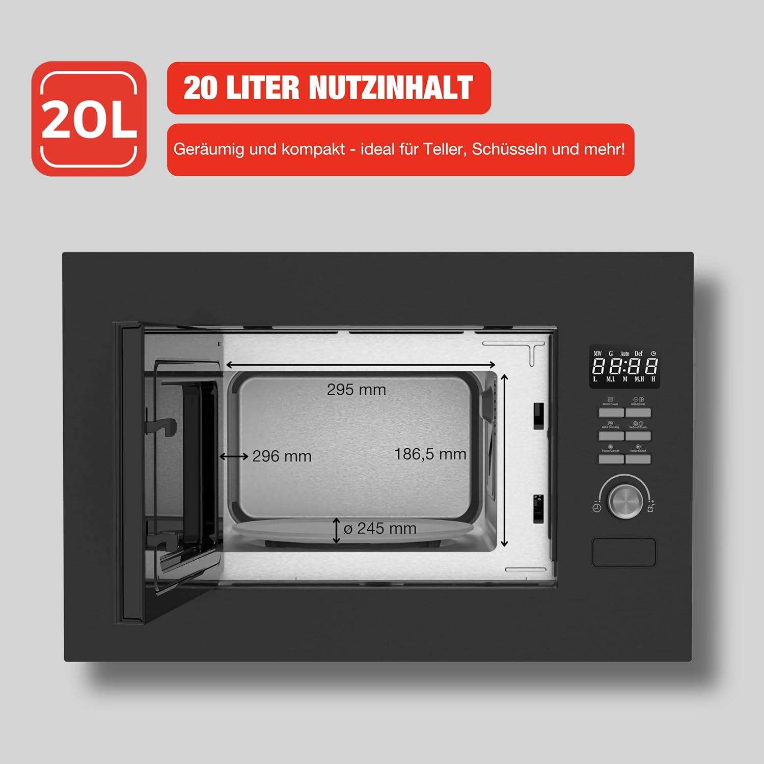 Telefunken Einbaumikrowelle mit Grill | Mikrowelle mit 20 L Garraum | Einbau Mikrowellengerät 60 cm | 8 Auto-Menüs | 700 W | 800 W Grill | 5 Leistungsstufen | mit Drehteller | schwarz | B-MWE-20-G-B