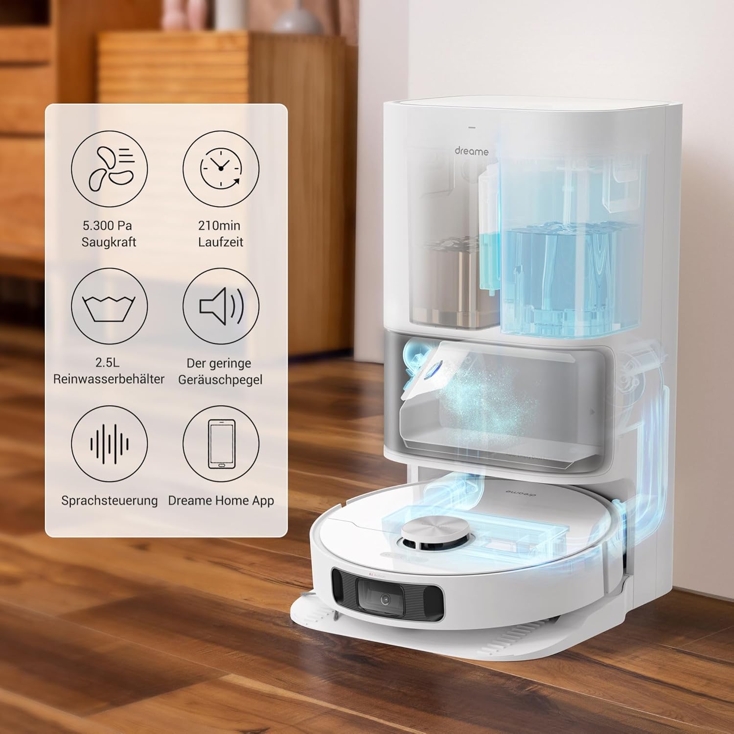 dreame L10s Pro Ultra Heat Roboter Staubsauger mit Automatische Moppreinigung mit heiem Wasser, Moppverlngerung, 7.000 Pa Saugkraft, Doppelte Mopp- und Bodenreinigung, Teppicherkennung