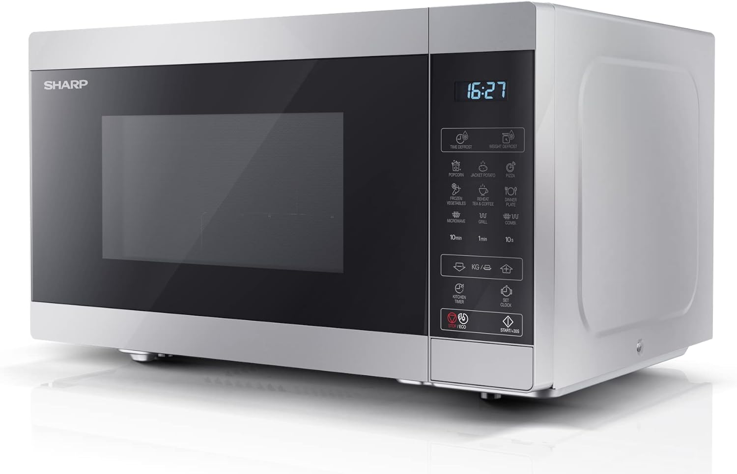 SHARP MG81ES Mikrowelle mit Grill (Mikrowelle: 900W, Grill: 1100W, 11 Leistungsstufen, Auftaufunktion, Abmessungen: 512x300x396cm, Emaille-Keramik-Garraum mit antibakteriellen Eigenschaften), silber