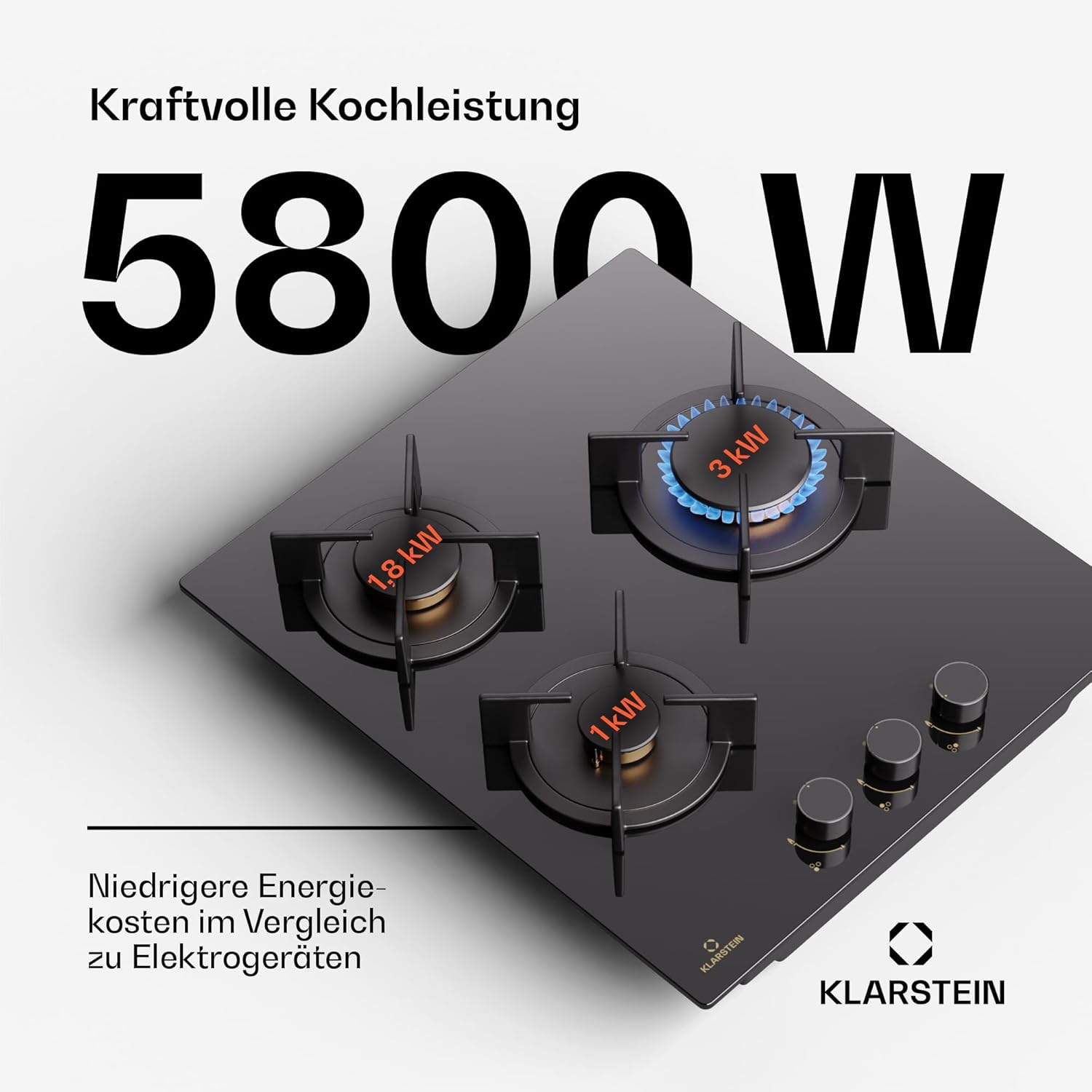 Klarstein Gasherd, Gaskochfeld 4 Flammig, Einbau-Gaskocher für Zuhause & Wohnmobil, Campingkocher mit Glasplatte, Gasherd für Propan- und Erdgas, Edelstahl Gas-Herdplatte Wok Brenner 8000 Watt