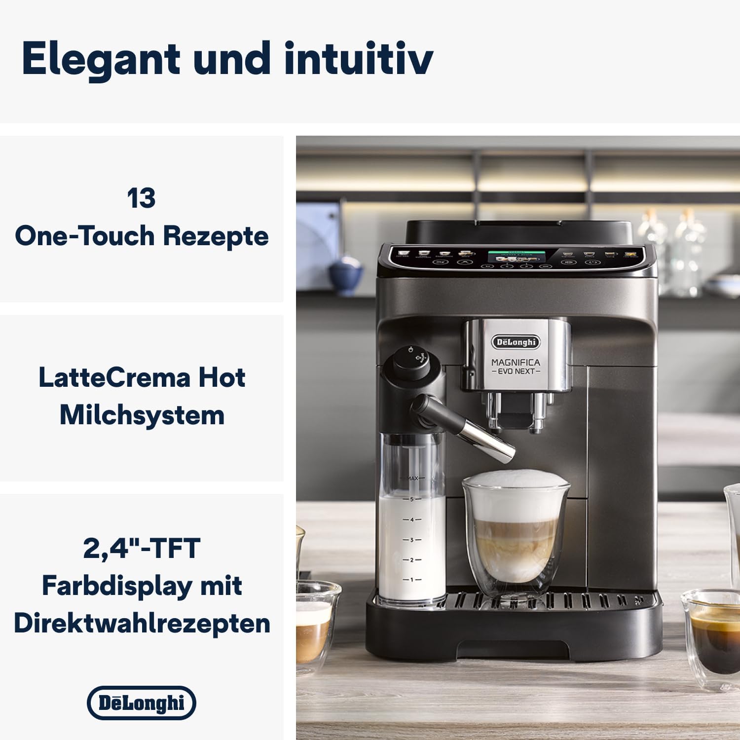 De'Longhi Magnifica Evo ECAM 292.81.B Kaffeevollautomat mit LatteCrema Milchsystem, 7 Direktwahltasten für Cappuccino, Espresso und weitere Kaffeespezialitäten, 2-Tassen-Funktion, Schwarz