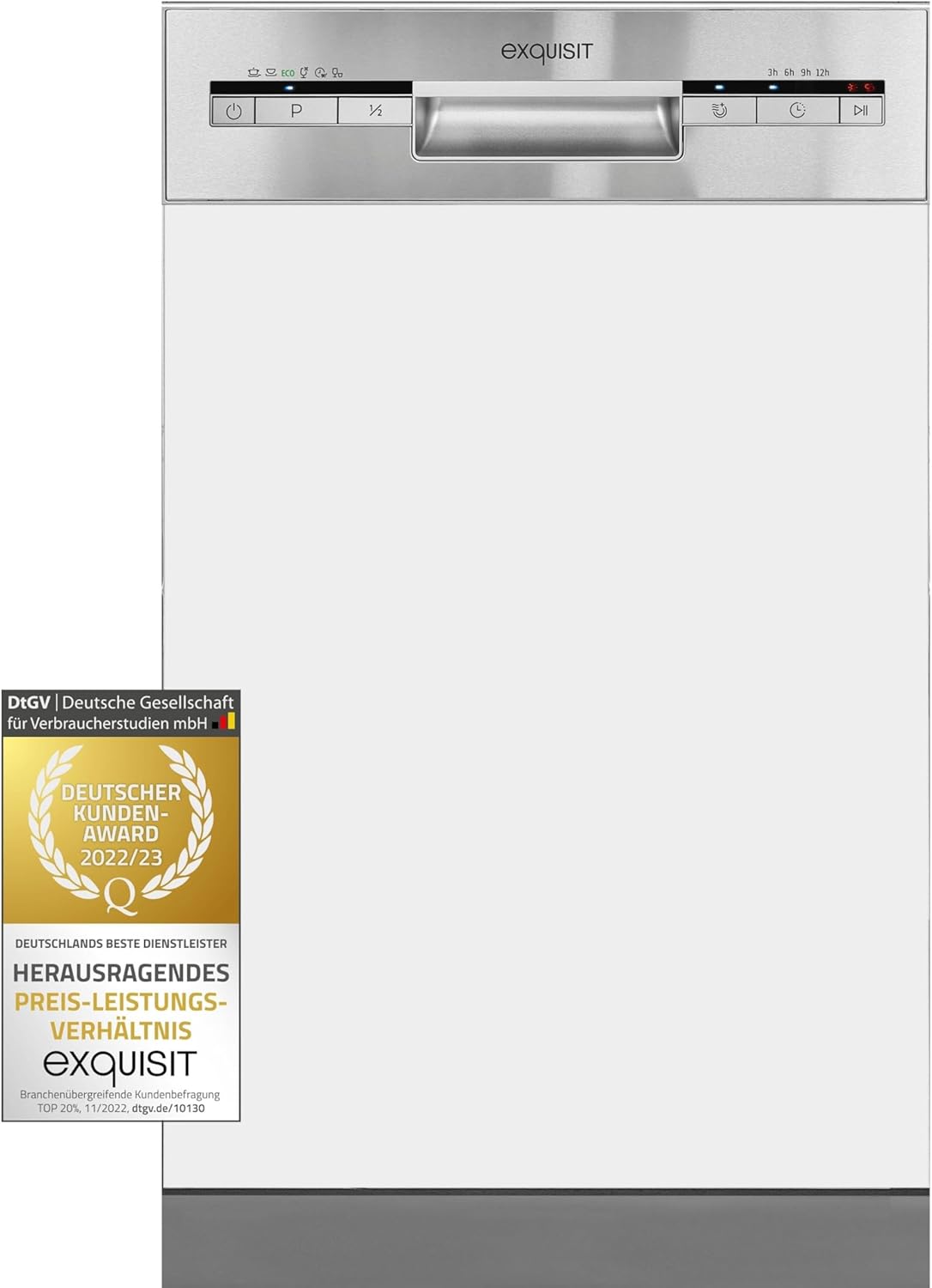 Exquisit Geschirrspüler, Spülmaschine, 45 cm Breite, Teilintegriert, 9 Maßgedecke, 9 Liter, Startzeitvorwahl, ECO-Modus, Geschirrspüler 45 cm, EGSP51009-EB-030E inox