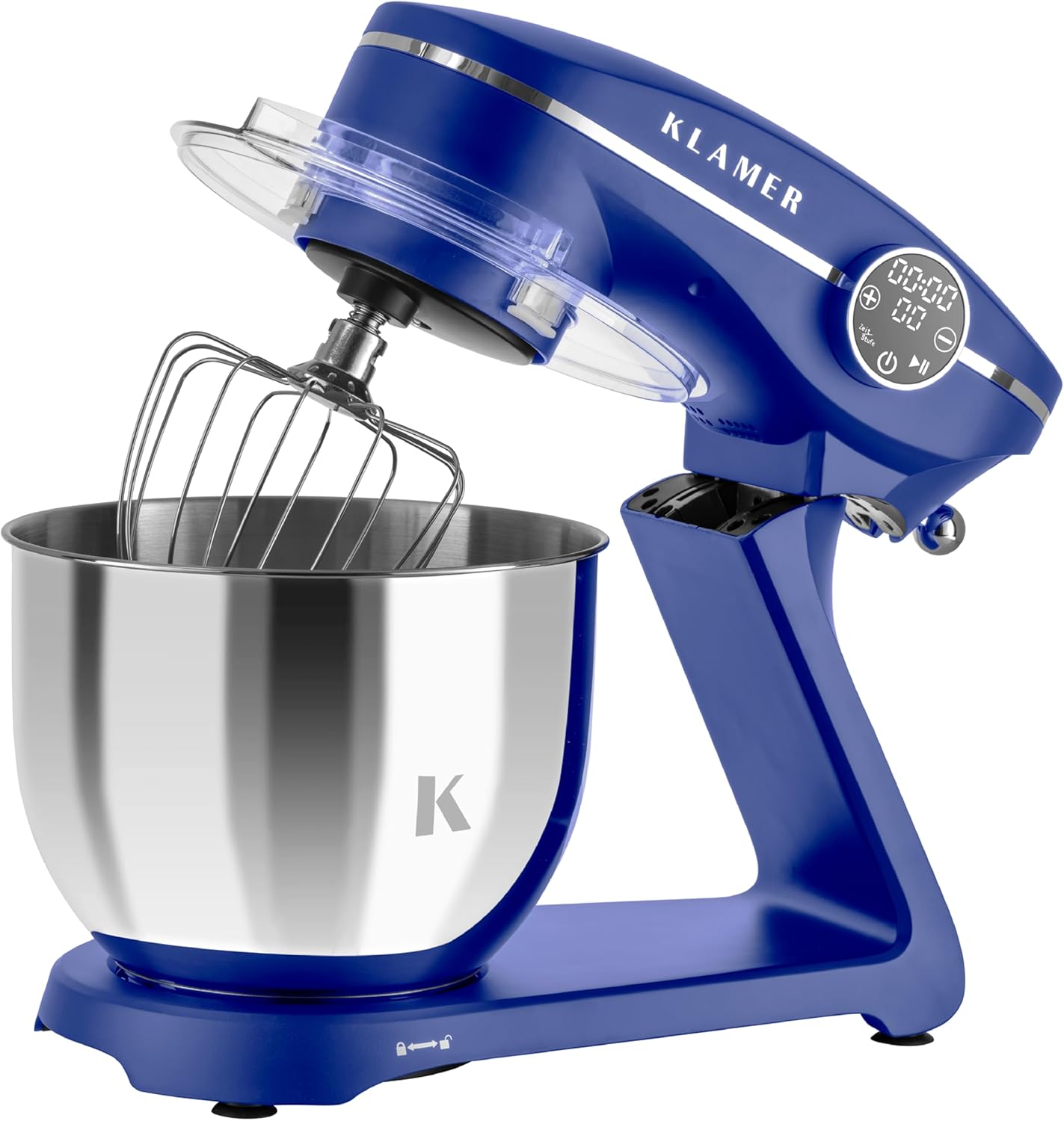 KLAMER Küchenmaschine 1800W, Knetmaschine mit 6 Liter Edelstahl Schüssel, 10 Geschwindigkeitsstufen mit Timer, Rührbesen, Knethaken, Schneebesen und Spritzschutz