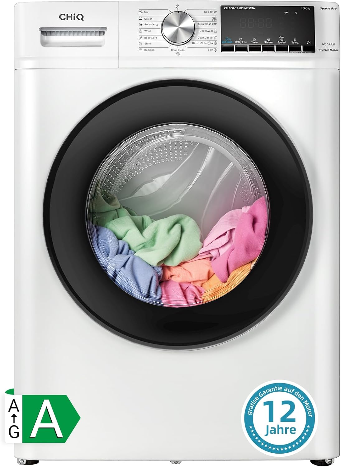 CHiQ Waschmaschine 7kg, 15 Programme, InverterMotor, Eco-Logic, Speed Wash, 60x46,5x84cm, Auto Clean, Washer Grau, CW07123863AX