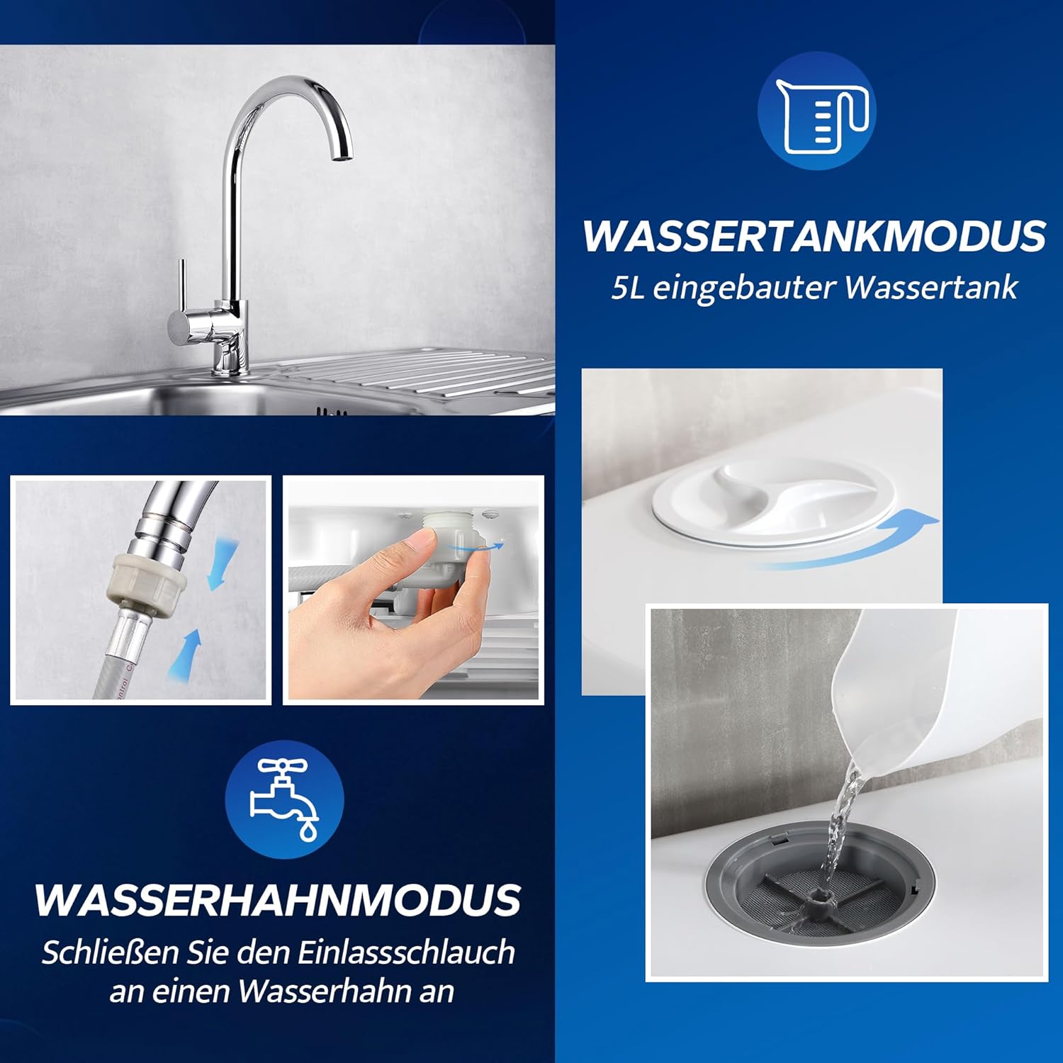 AIRMSEN Mini Geschirrspüler Tischgeschirrspüler mit 5+1 Programme 5L Wassertank, 2 Wege Wasserversorgung, Touch Control & LED-Display, Geeignet für Hausküchen, Wohnungen, Schlafsäle, Weiß & Schwarz