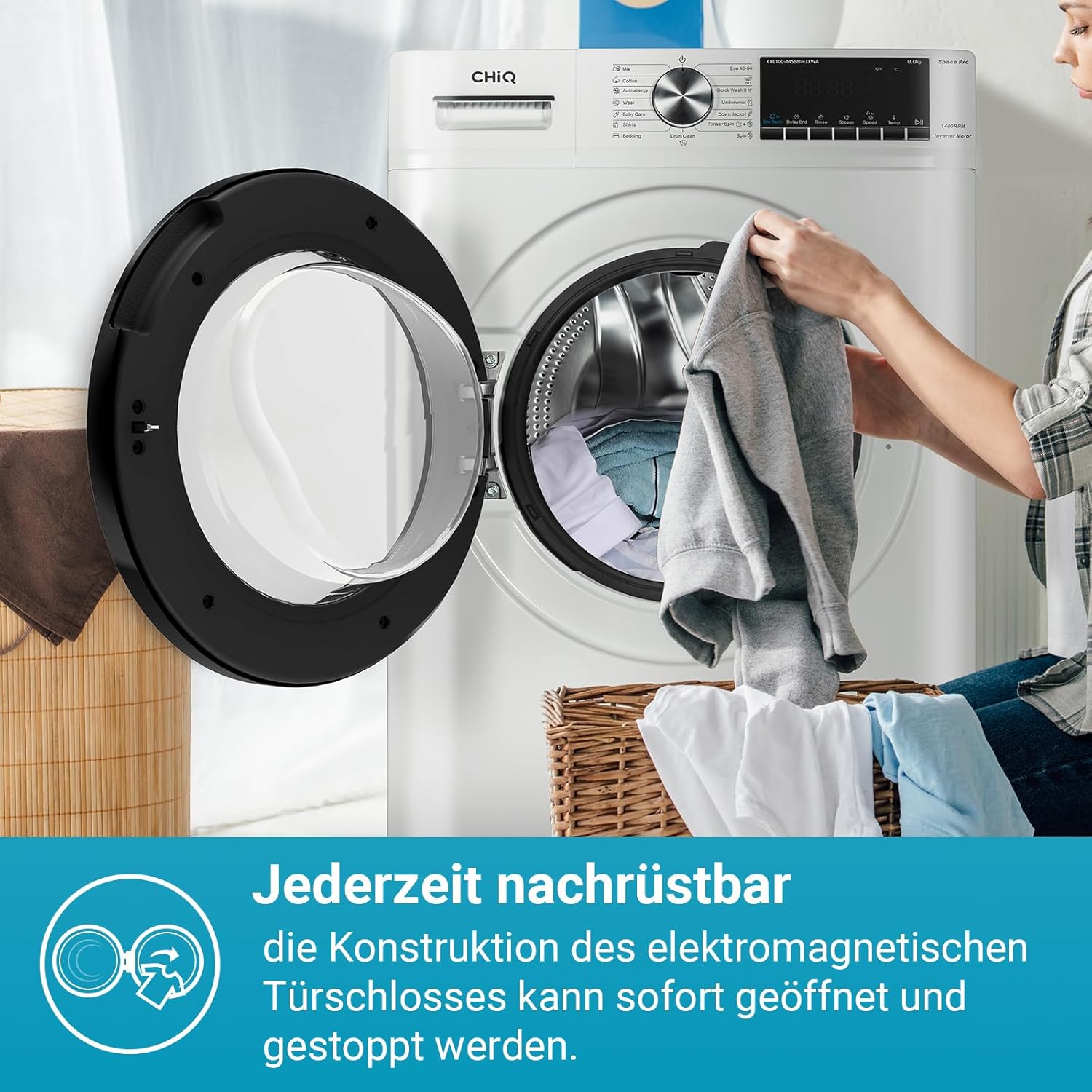 CHiQ Waschmaschine 7kg, 15 Programme, InverterMotor, Eco-Logic, Speed Wash, 60x46,5x84cm, Auto Clean, Washer Grau, CW07123863AX