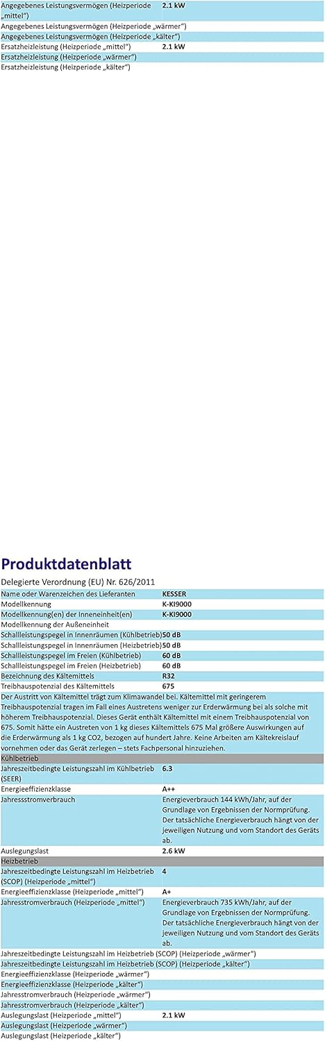 KESSER® Klimaanlage Set Split - mit WiFi/App Funktion Klimagerät - Kühlen A++/ Heizen A+ - 9000 BTU/h (2.600 Watt) Kältemittel R32 - Fernbedienung, Timerfunktion - Inkl. komplettem Montagematerial
