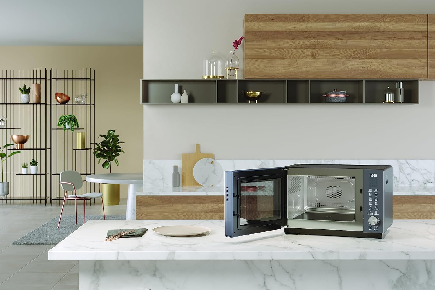 Whirlpool MWF 259 SG – Freistehende Mikrowelle – Abmessungen 46,8 cm x 49 cm x 32,5 cm. Mikrowelle 25 Liter mit Leistung 800 W Mikrowelle und 1300 W Grill, Grau Schatten, Mikrowelle ohne Teller.