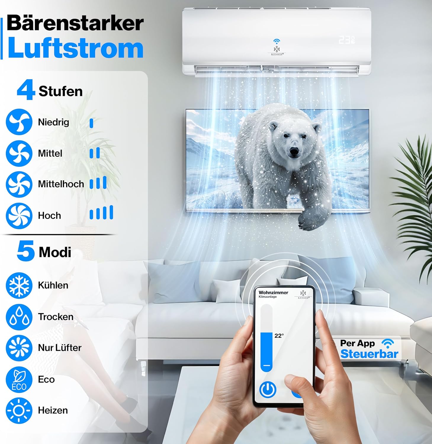 KESSER® Klimaanlage Set Split - mit WiFi/App Funktion Klimagerät - Kühlen A++/ Heizen A+ - 9000 BTU/h (2.600 Watt) Kältemittel R32 - Fernbedienung, Timerfunktion - Inkl. komplettem Montagematerial