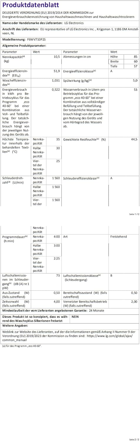LG F4WV7080, Klasse A, Frontlader-Waschmaschine 8 kg, 1400 U/Min, AI Direct Drive, Wi-Fi, Tiefenreinigung mit Dampf, Groe Kapazitt, TRIPLE A, Auentür aus Sicherheitsglas, 62 x 60 x 85 cm Wei