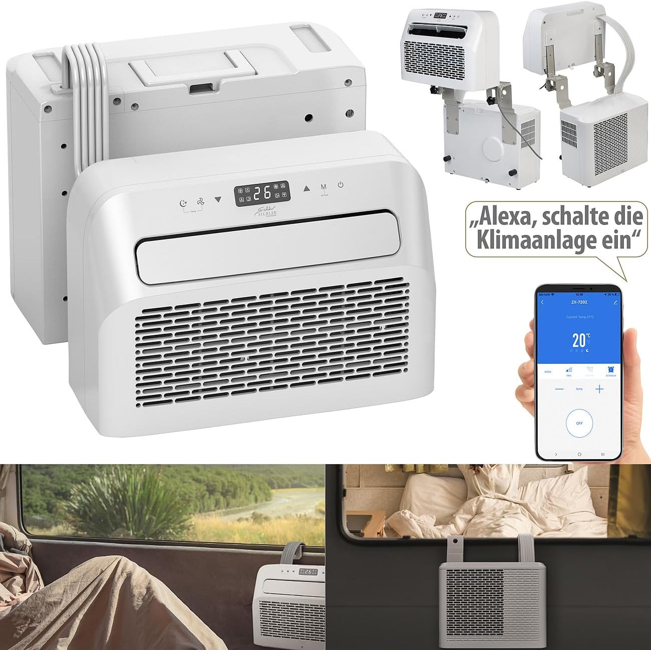 Sichler Haushaltsgeräte Mobiles Klimagerät: Mobile Split-Klimaanlage, Entfeuchterfunktion, WLAN & App, 5.000 BTU/h (Klimaanlage Wohnwagen, Mini Split Klimaanlage, Klima Splitgerät Bohren)