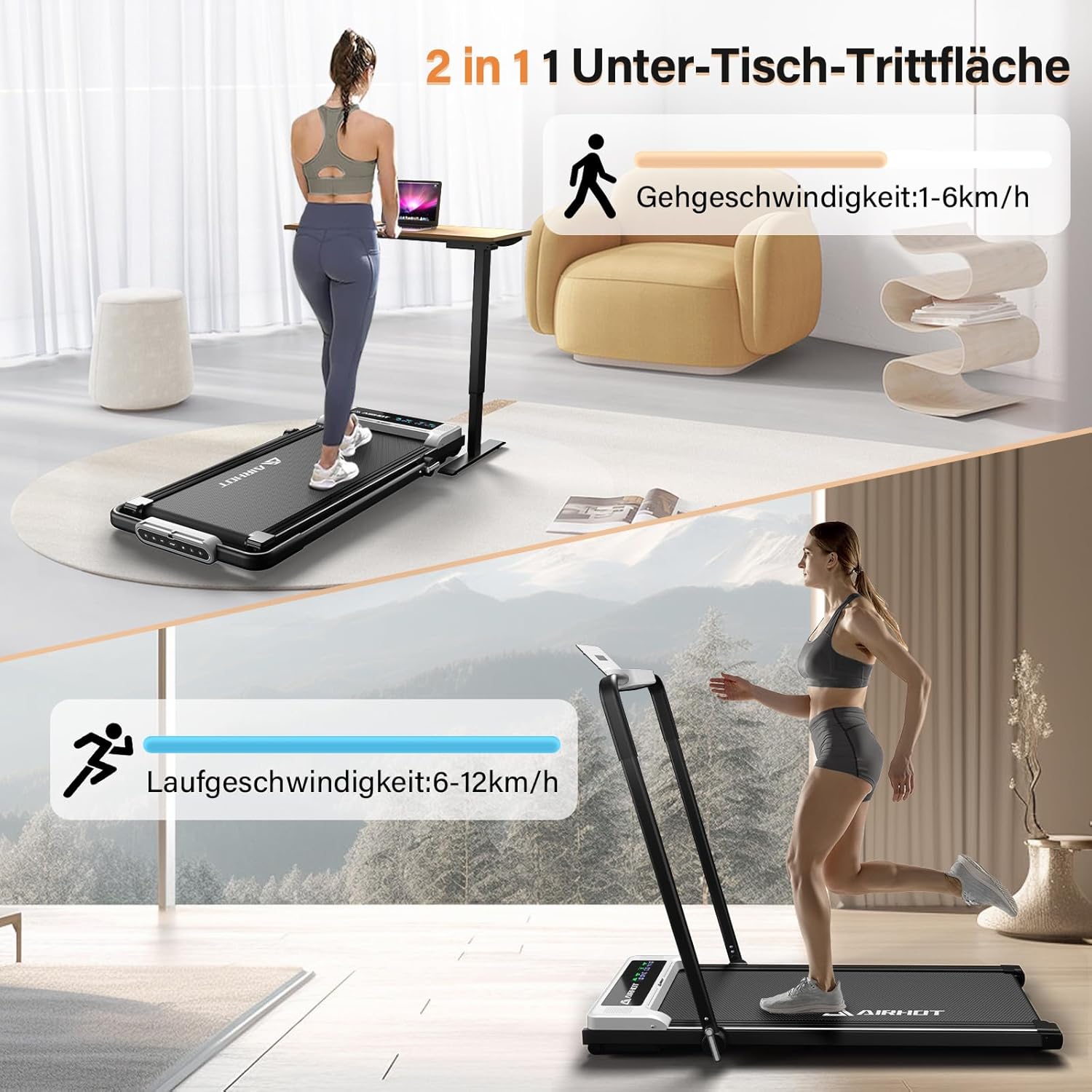 Laufband für Zuhause-AIRHOT, 2,5 PS Walking Pad, Untertisch-Laufband mit Fernbedienung und LED-Anzeige, maximale Geschwindigkeit von 6 km/h BZW. 12 km/h. Kompaktes Laufband für zuhause oder das Büro