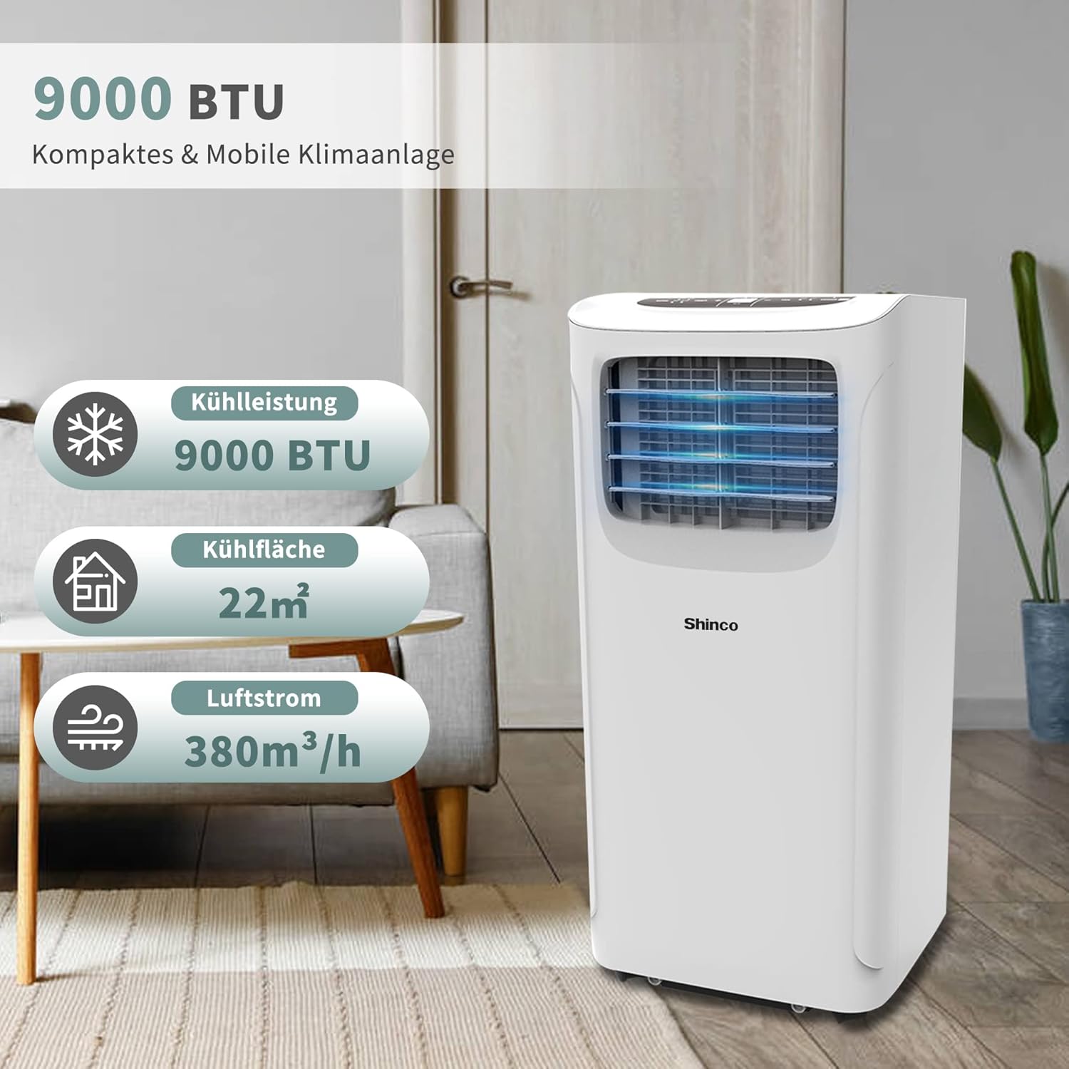 SHINCO Mobile Klimaanlage mit Abluftschlauch, 12000BTU, Kühlung&Heizung&Ventilieren&Entfeuchten, Mobiles Klimagert mit Fenstermontage-Kit, 24H-Timer, APP, für Rume von etwa 90m