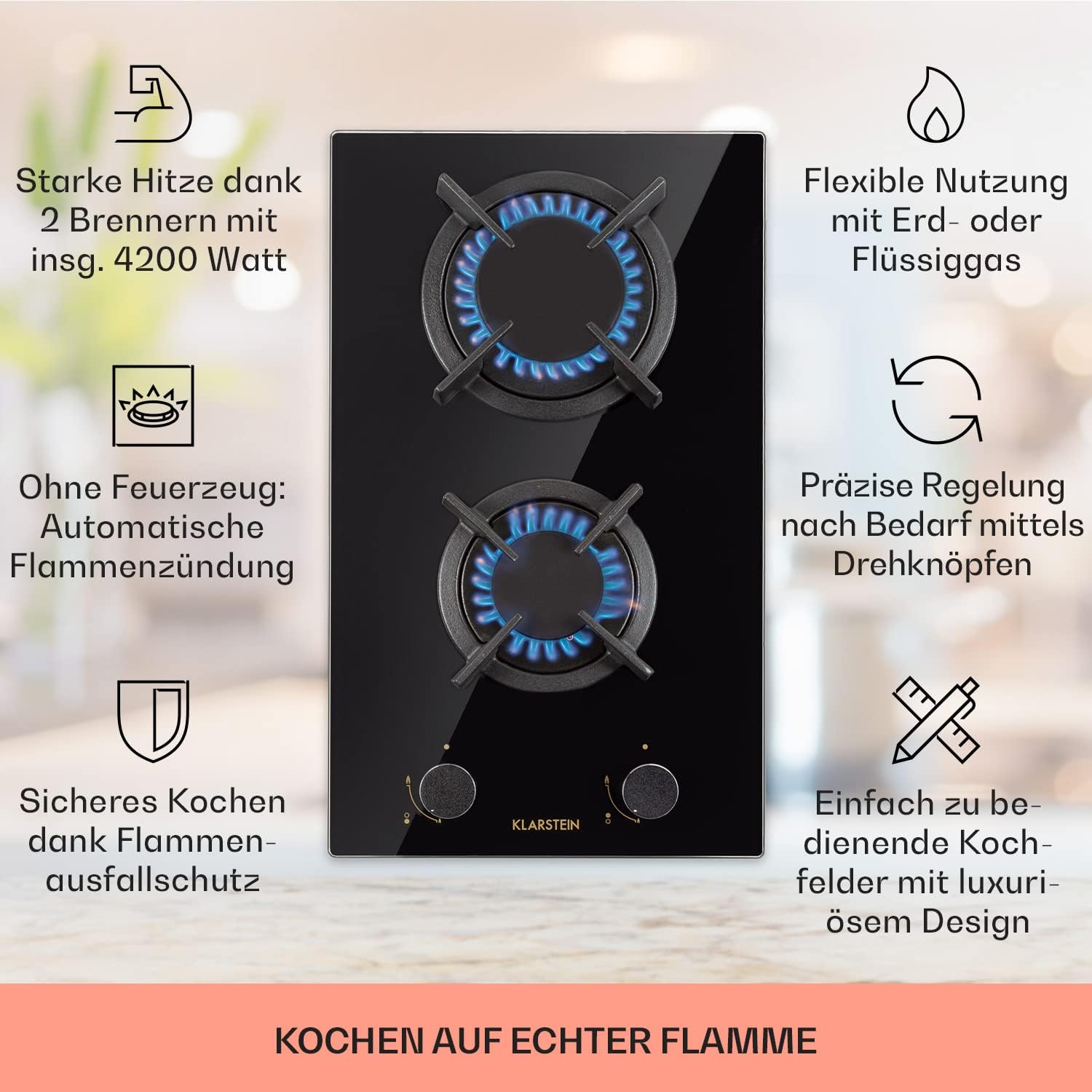 Klarstein Gasherd, Gaskochfeld 4 Flammig, Einbau-Gaskocher für Zuhause & Wohnmobil, Campingkocher mit Glasplatte, Gasherd für Propan- und Erdgas, Edelstahl Gas-Herdplatte Wok Brenner 8000 Watt