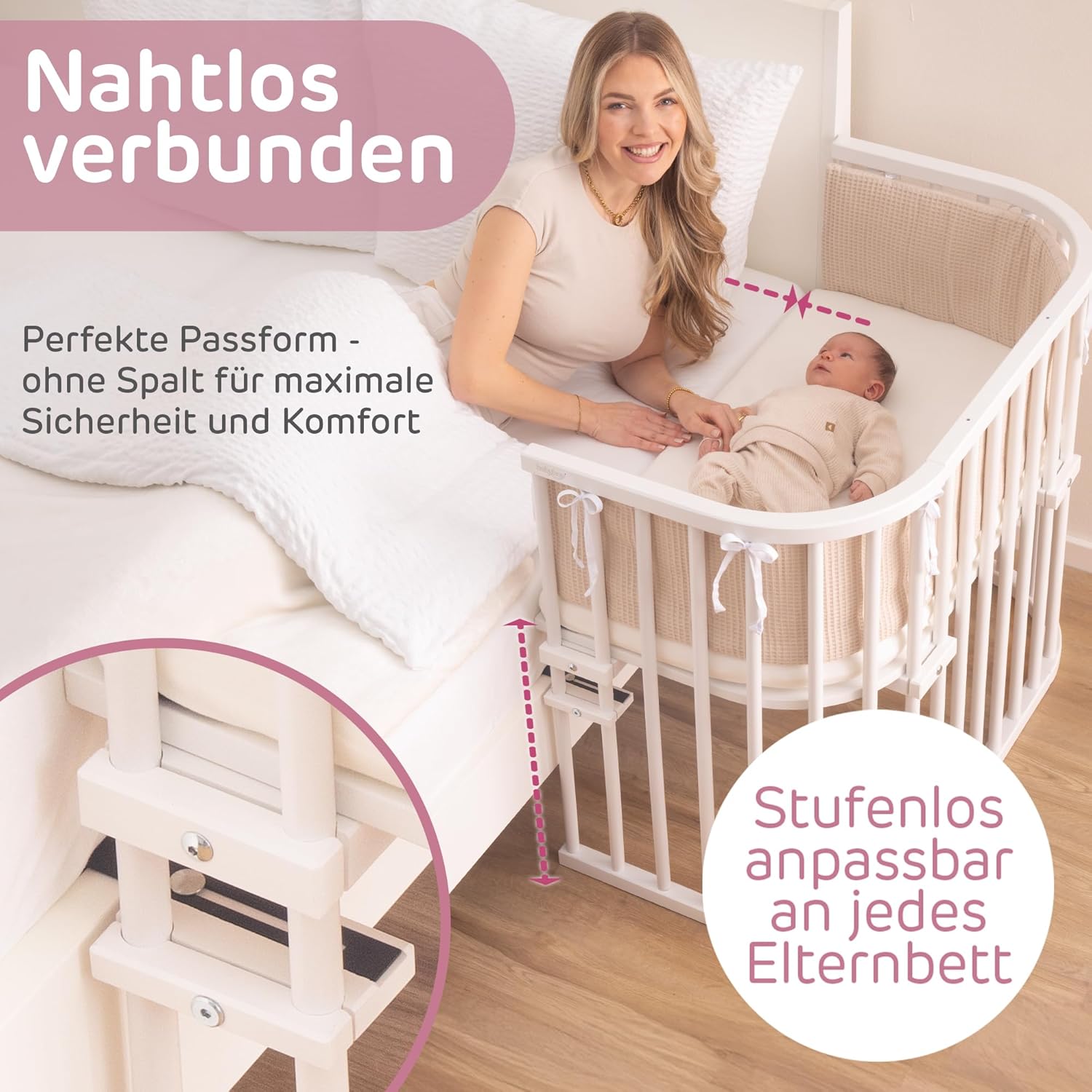 babybay Original Beistellbett aus massivem Buchenholz / kompakt & verwandelbar / Kinderbett Höhe stufenlos verstellbar & umweltfreundlich / mitwachsendes Babybett (weiß lackiert) / inkl. Matratze
