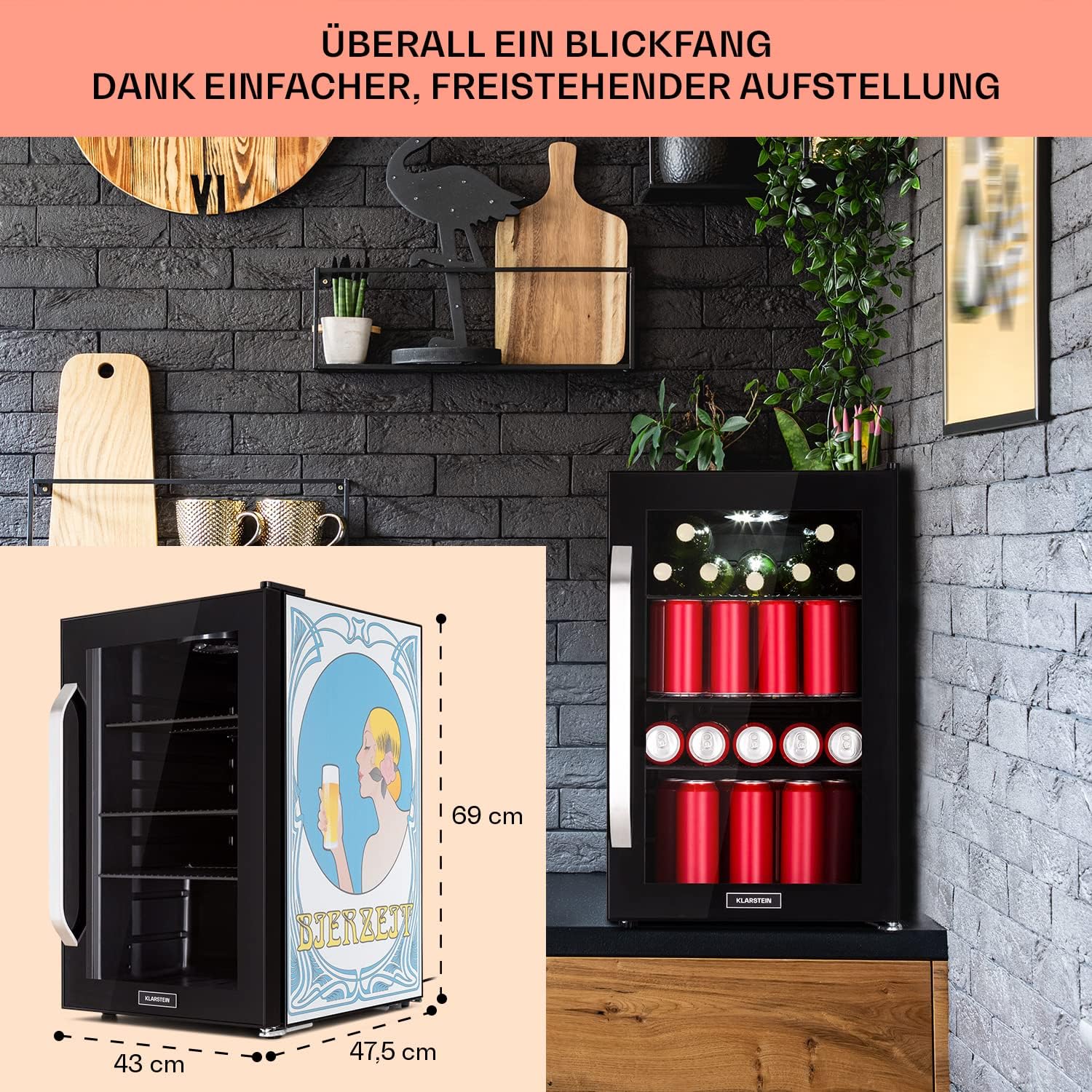 Klarstein Kühlschrank 70L, Kleiner Kühlschrank mit Herausnehmbaren Ablagen, Leiser Mini Kühlschrank mit Glastür & LED, Getränkekühlschrank Klein, Outdoor Geeignet, Biersafe für Flaschen, 0-10°C