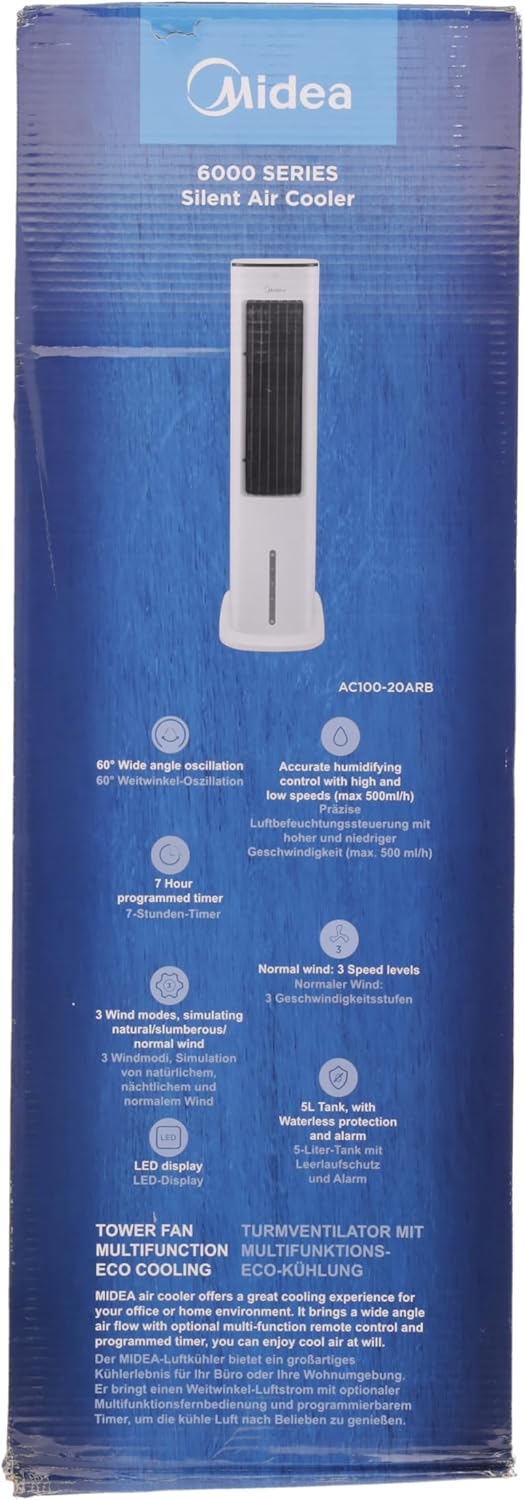 Midea Luftkühler mit Wasserkühlung, Klimaanlage Mobil, Ventilator mit 5L Wasserkühlung, Luftbefeuchter und Ionisation, Klimaanlage Ohne Abluftschlauch, 355m/h, Ventilator mit Fernbedienung,55W,Wei
