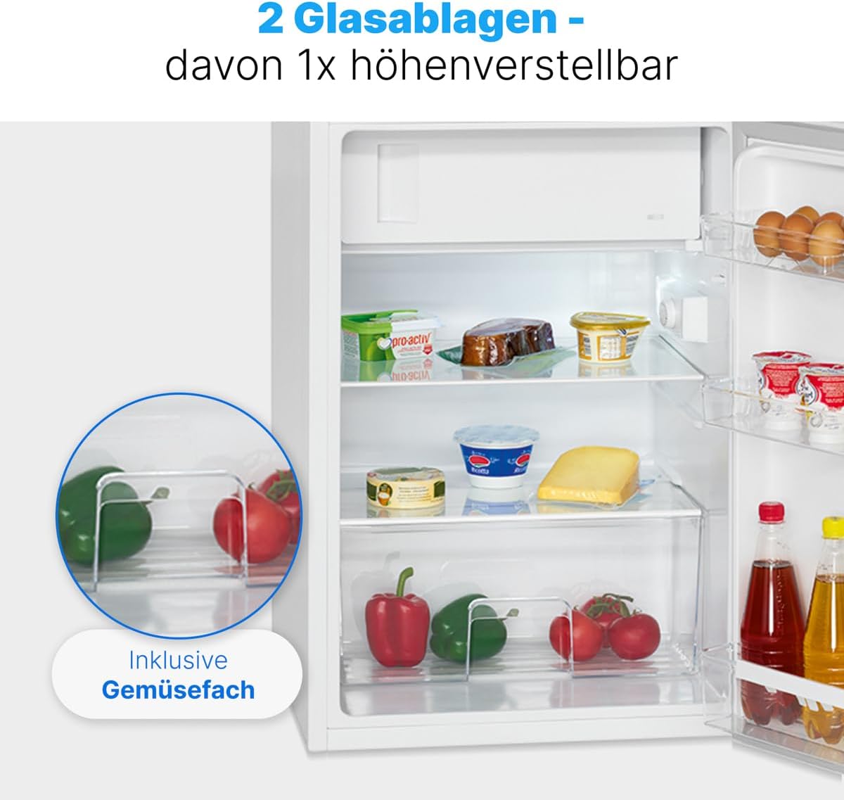 Bomann® Kühlschrank mit Gefrierfach | Kühlschrank klein mit 120L Nutzinhalt | Kühlen 107L & Gefrieren 13L | Fridge mit 3 Türablagen & 2 Glasablagen | wechselbarer Türanschlag | KS 2184.1 inox