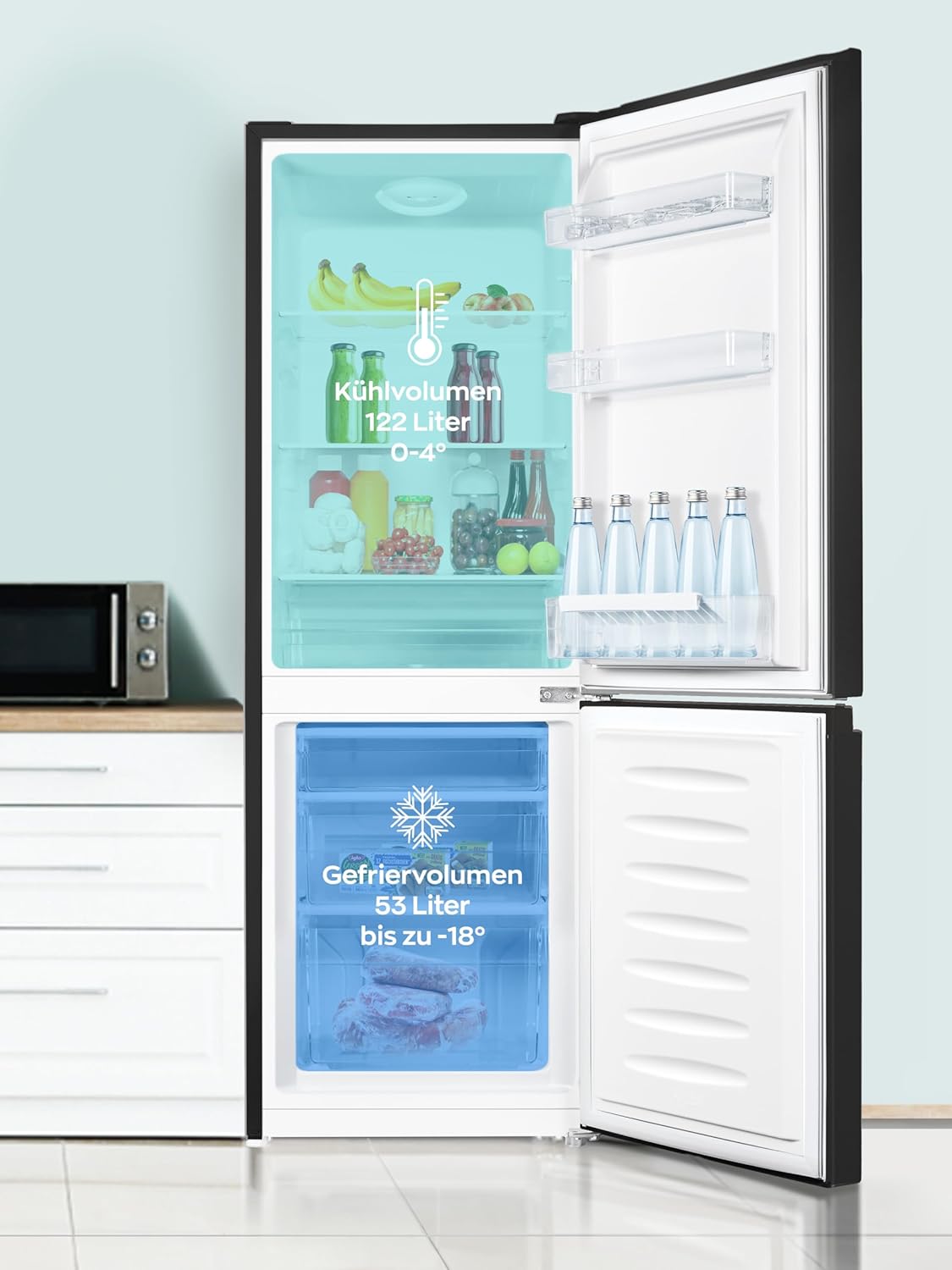 Heinrich´s Kühlgefrierkombination 175Liter, Kühlvolumen 122L, Gefrierfach 53L,LED Innenraumbeleuchtung, Kühlschrank Türanschlag wechselbar, leise 39dB,große Tiefkühlboxen, 7 Temperaturstufen, schwarz