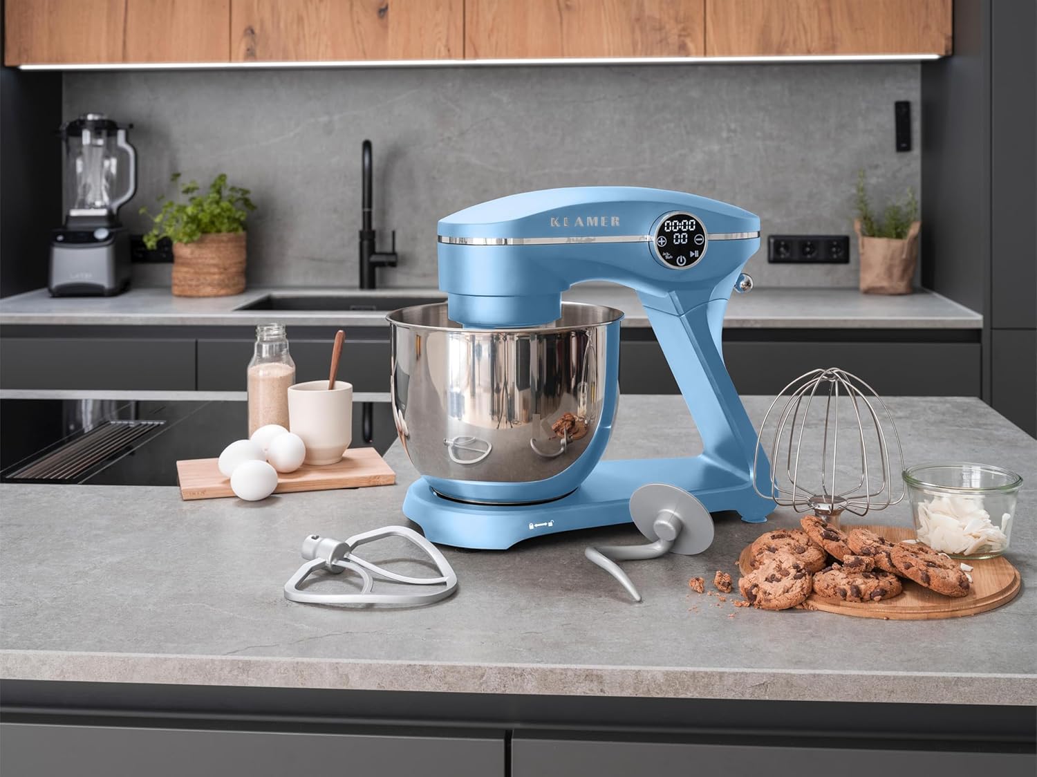 KLAMER Küchenmaschine 1800W, Knetmaschine mit 6 Liter Edelstahl Schüssel, 10 Geschwindigkeitsstufen mit Timer, Rührbesen, Knethaken, Schneebesen und Spritzschutz