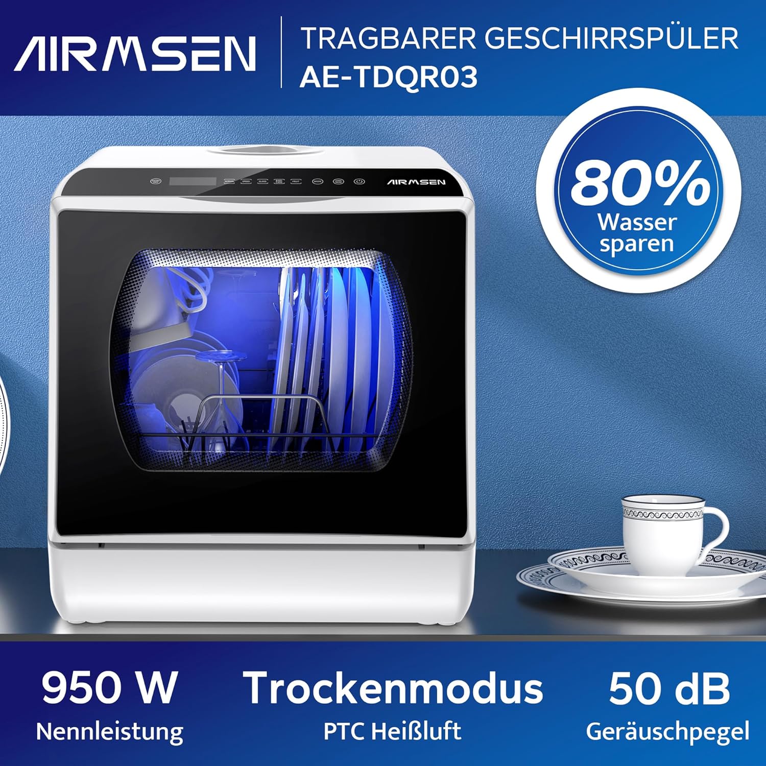 AIRMSEN Mini Geschirrspüler Tischgeschirrspüler mit 5+1 Programme 5L Wassertank, 2 Wege Wasserversorgung, Touch Control & LED-Display, Geeignet für Hausküchen, Wohnungen, Schlafsäle, Weiß & Schwarz